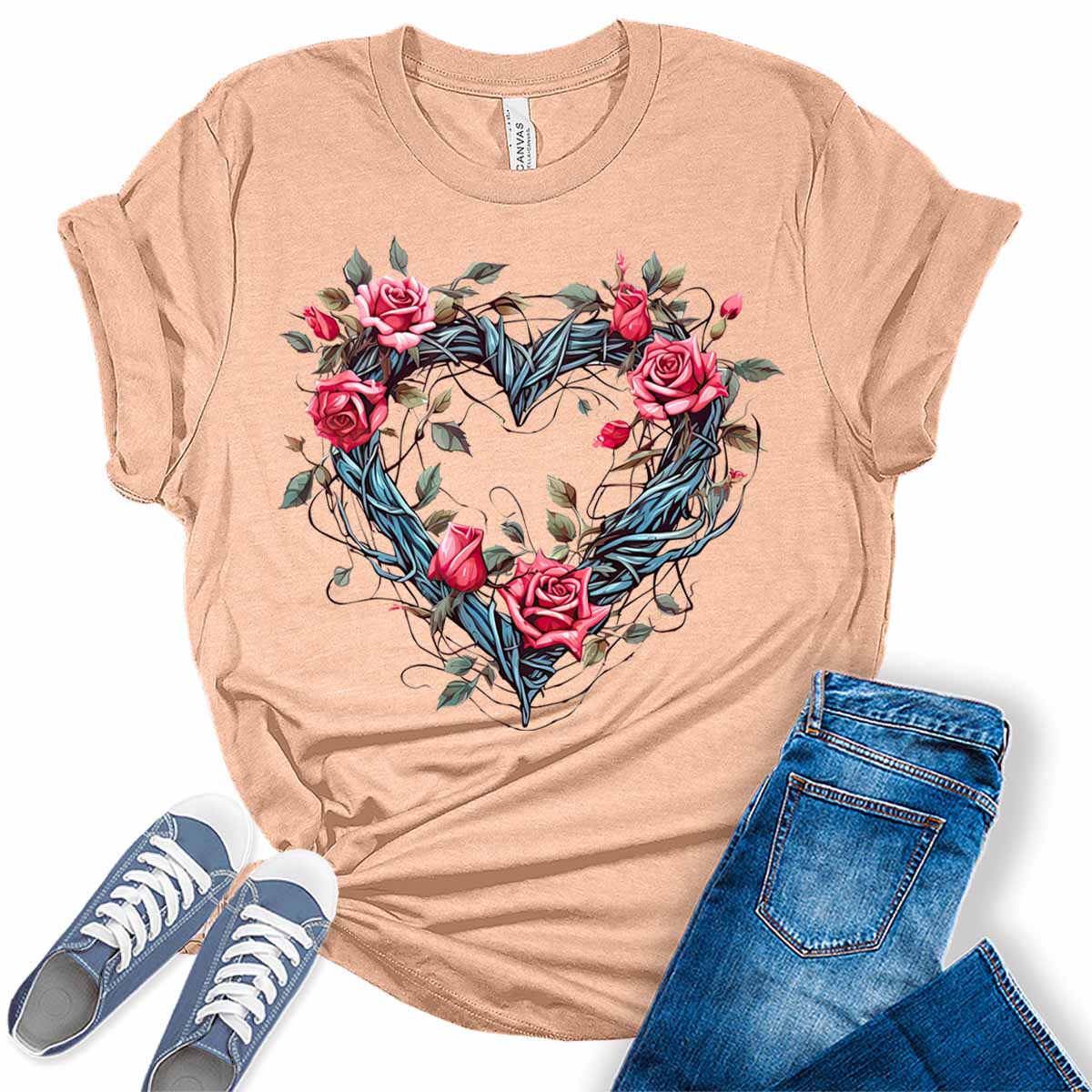 Womens Floral Vine Heart Shirt Cute Tshirts Bella Graphic Tees Casual Short Sleeve Summer Tops