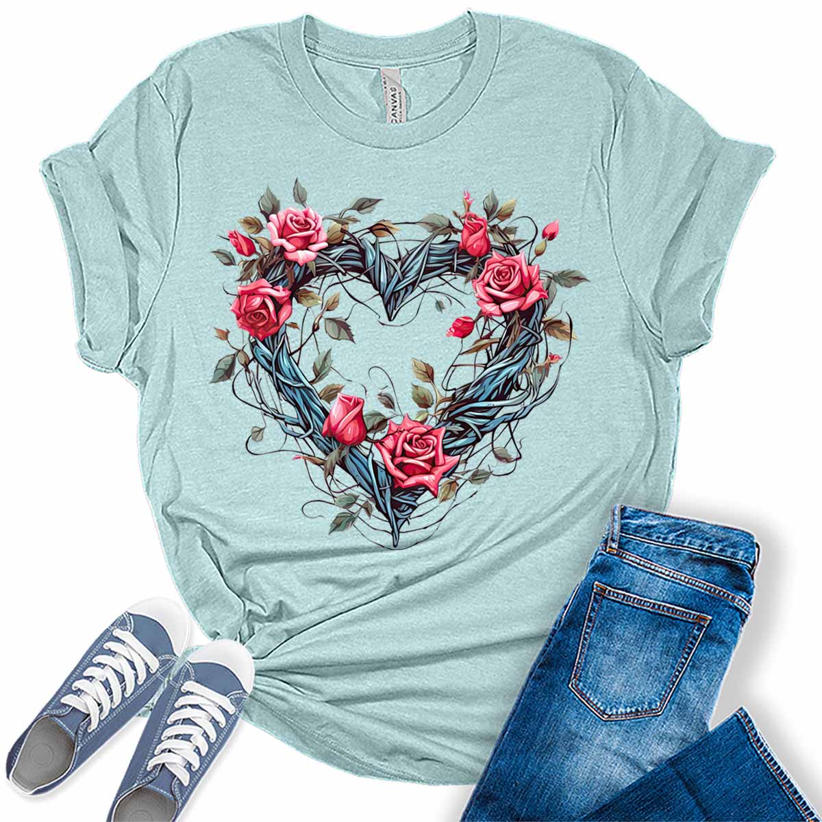 Womens Floral Vine Heart Shirt Cute Tshirts Bella Graphic Tees Casual Short Sleeve Summer Tops
