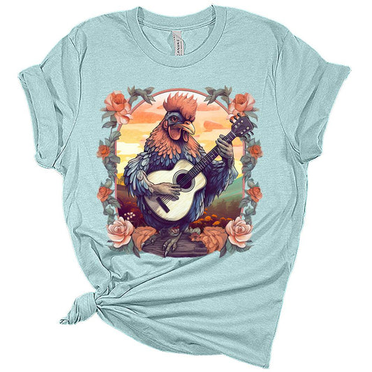 Womens Trendy Cottagecore Rooster Playing Guitar T-Shirt Aesthetic Graphic Tee Short Sleeve Top