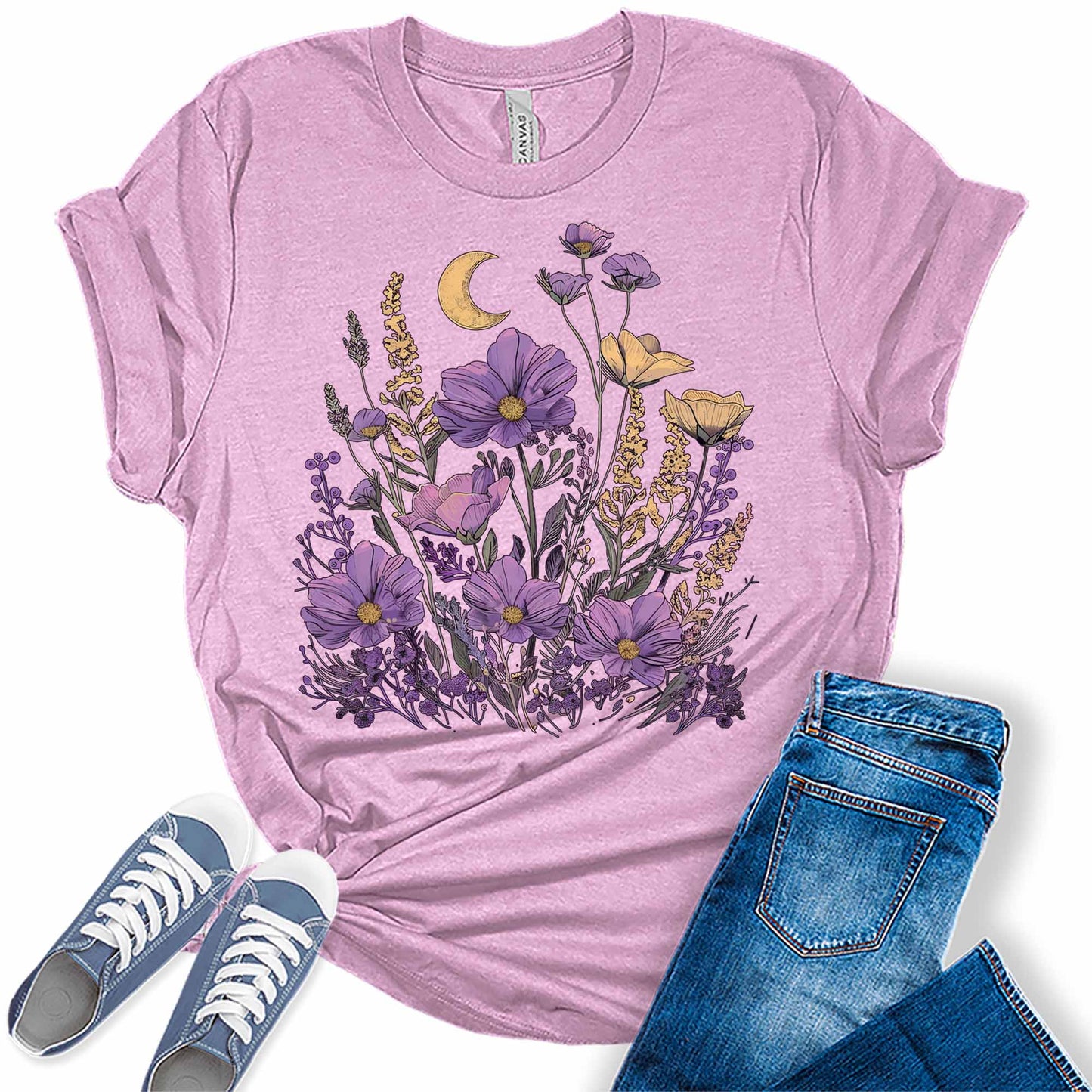 Cottagecore Shirt Vintage Floral Graphic Tees for Women Aesthetic Floral Crescent Moon T Shirt