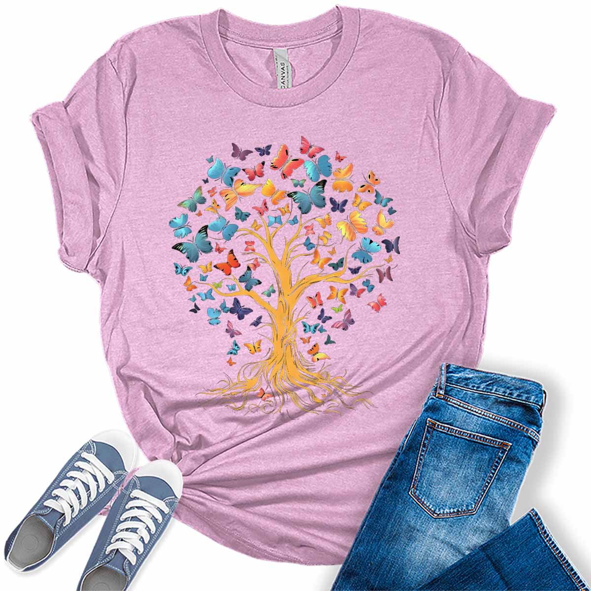 Butterfly Tree Shirt Casual Ladies Cute Floral Bella Graphic Tees Spring Short Sleeve Plus Size Summer Tops for Women
