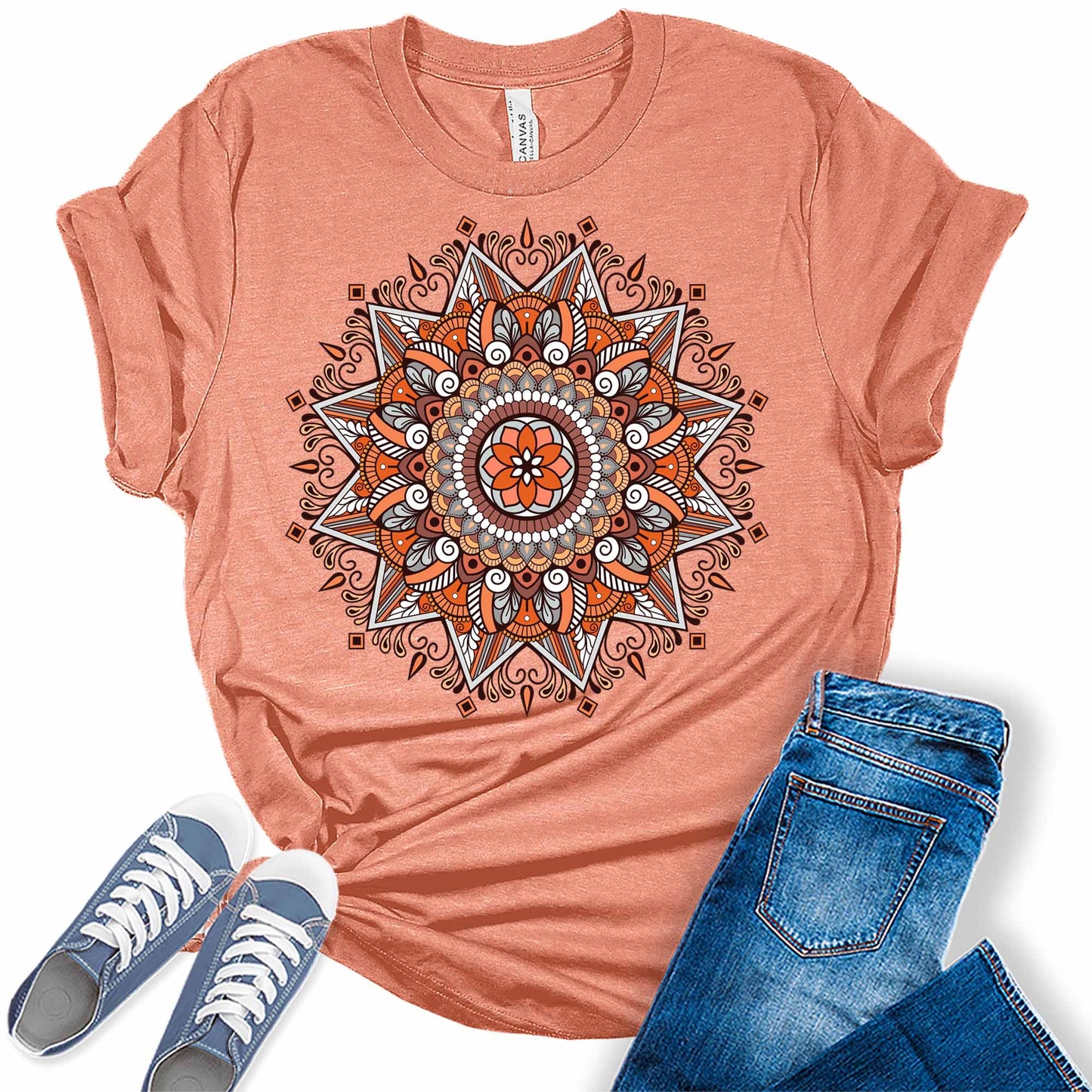 Orange Mandala Shirt Casual Vintage Graphic Tees for Women Short Sleeve Plus Size Summer Tops