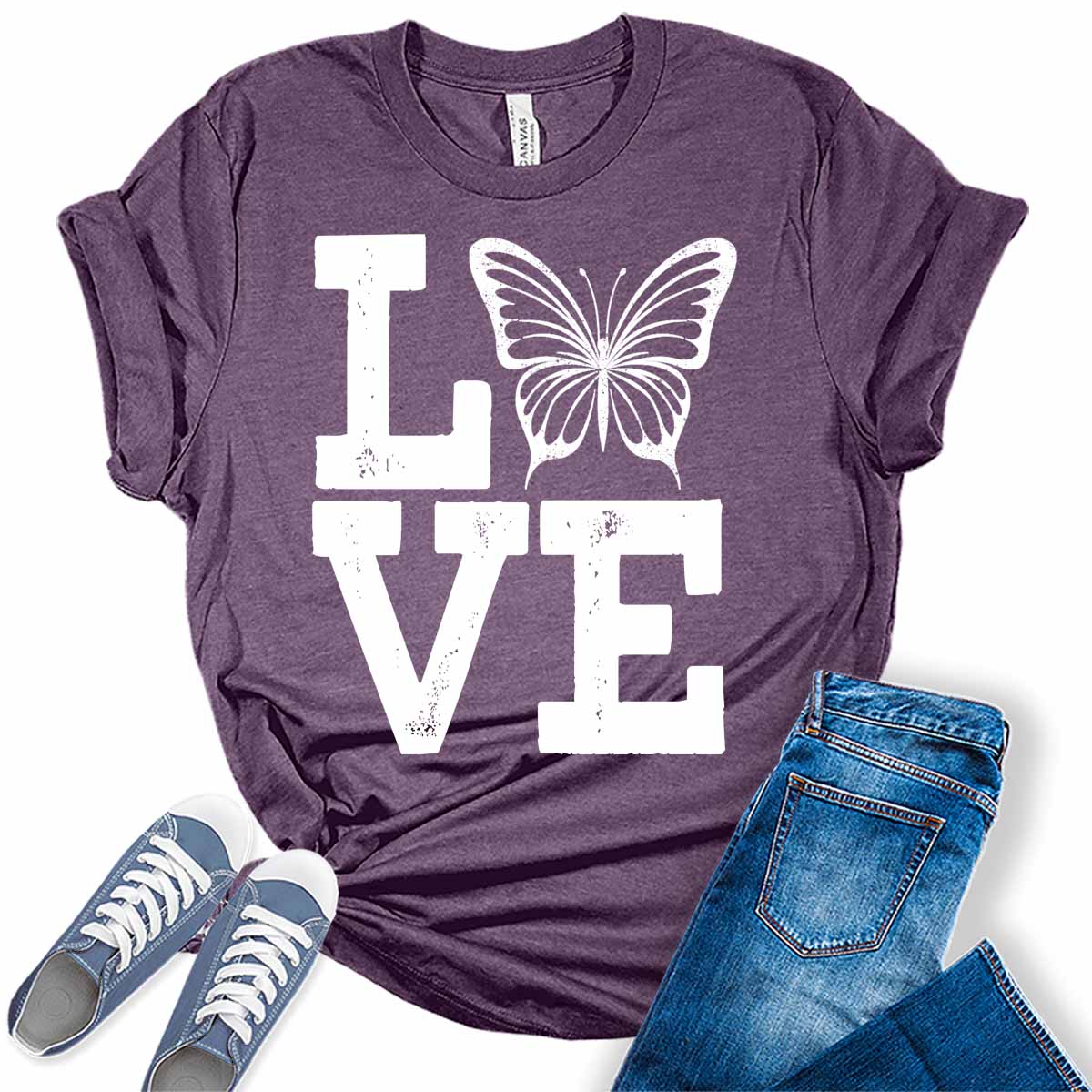 Love Shirt Cute Butterfly T Shirt Letter Print Graphic Tees for Women Summer Tops
