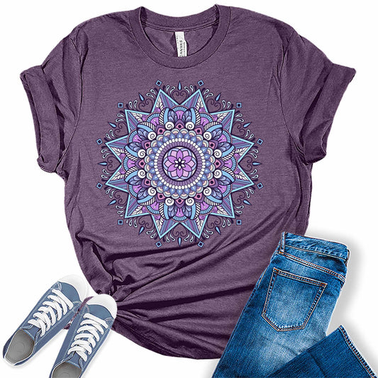 Purple Mandala Shirt Casual Vintage Graphic Tees for Women Short Sleeve Plus Size Summer Tops
