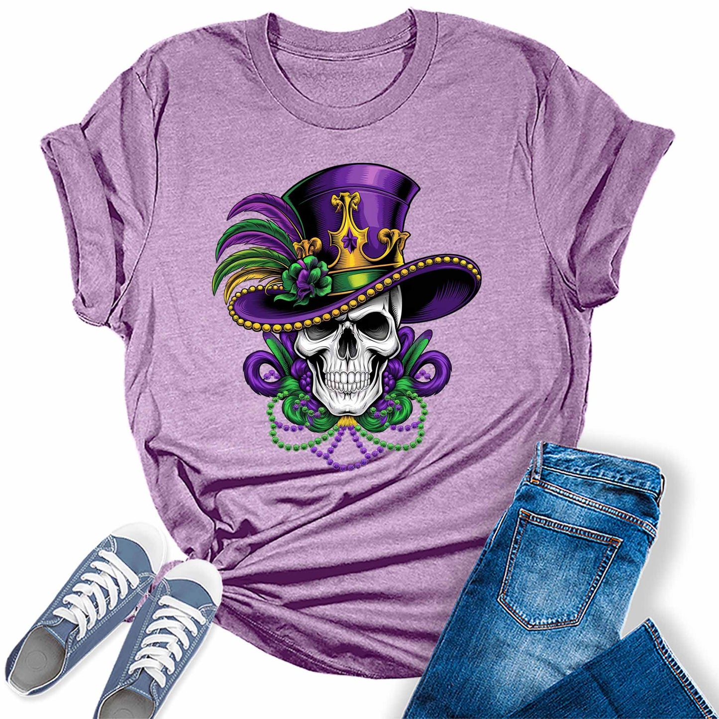 Women's Mardi Gras Festive Skull Graphic Tees