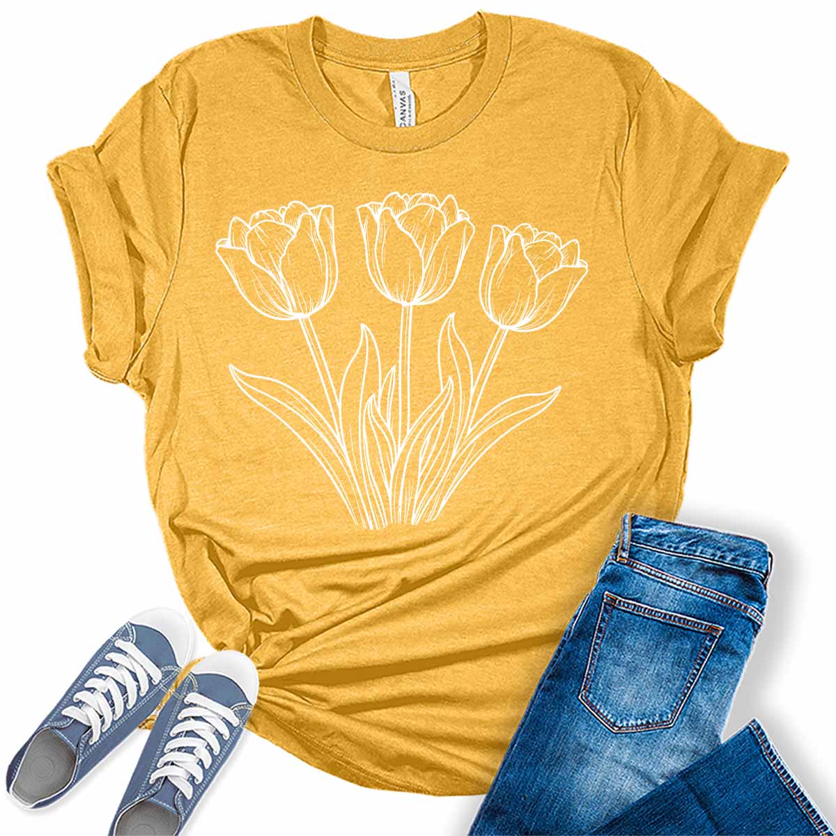 Womens Tulip Shirts Casual Ladies Cute Floral Graphic Tees Spring Short Sleeve T Shirts Plus Size Summer Tops for Women