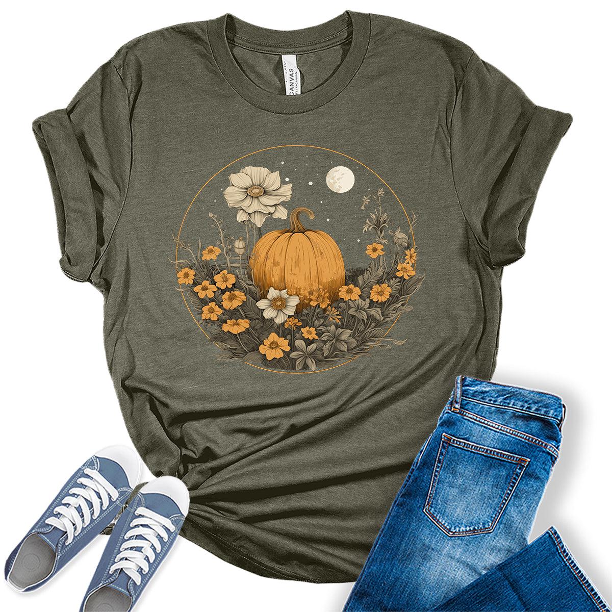 Pumpkin Cottagecore T-Shirt Womens Graphic Tees Vintage Flower Fall Shirts Girls Vintage Halloween Thanksgiving Tops
