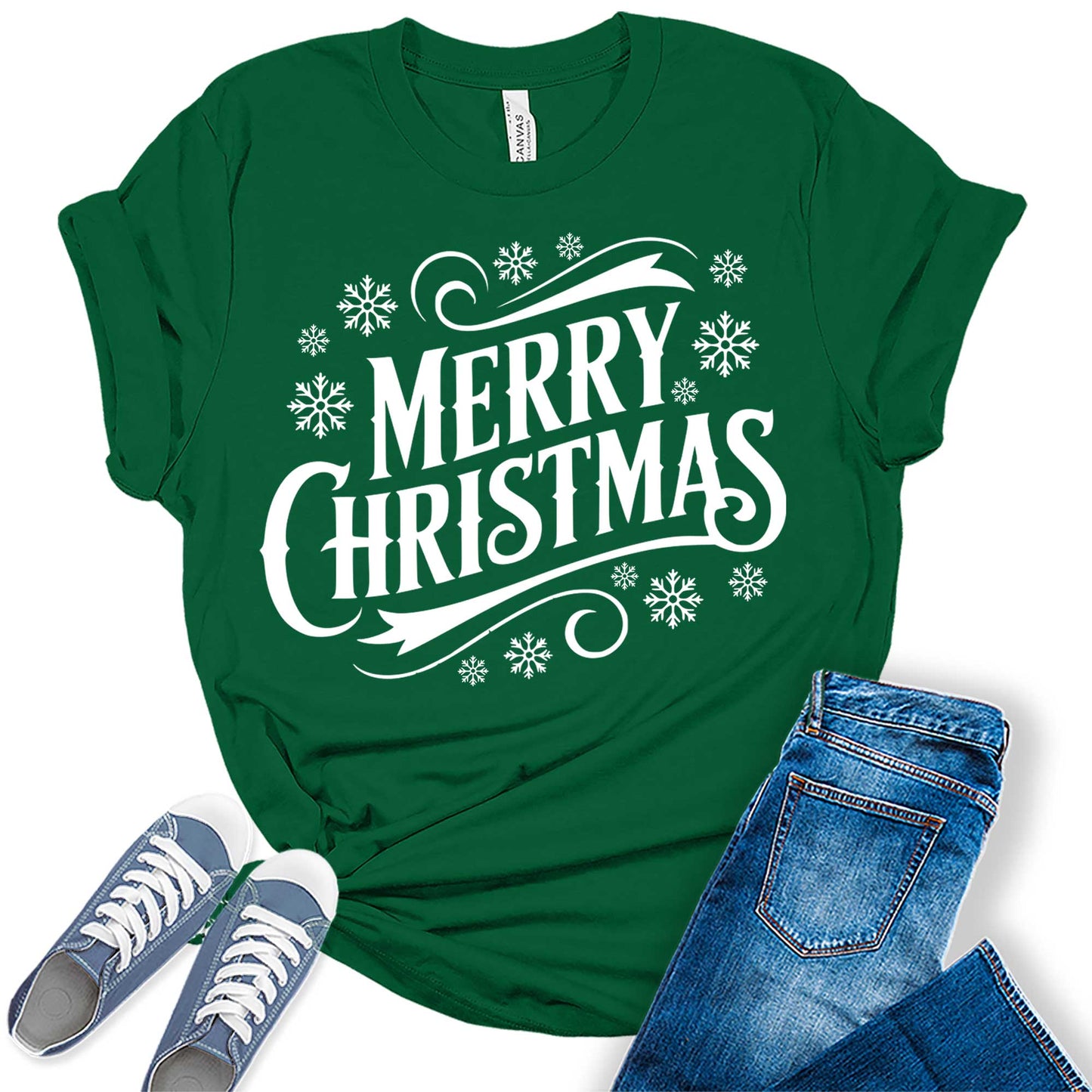 Christmas Shirts For Women Merry Christmas Vintage Letter Print Snowflakes Graphic Tees