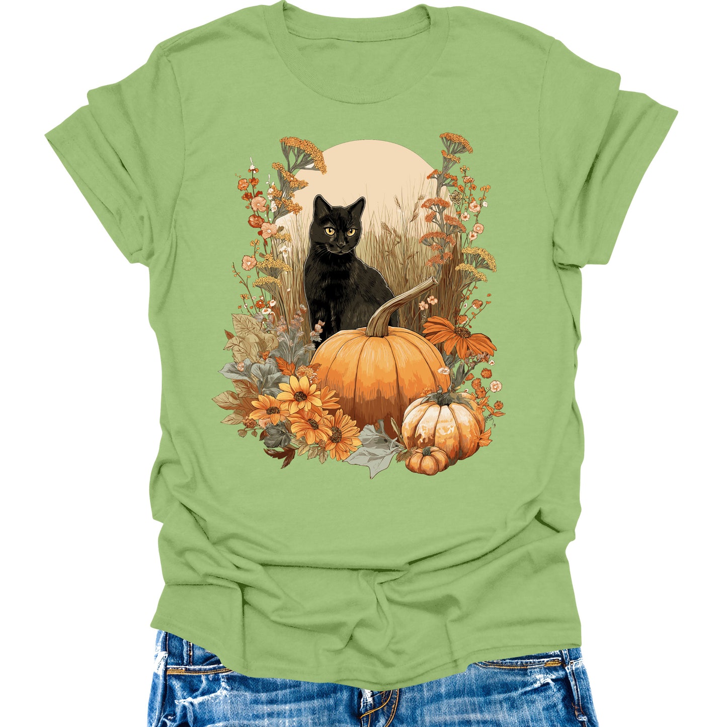 Cat Shirts Vintage Pumpkin Womens Fall T-Shirts Cute Autumn Graphic Tees Thanksgiving Tops