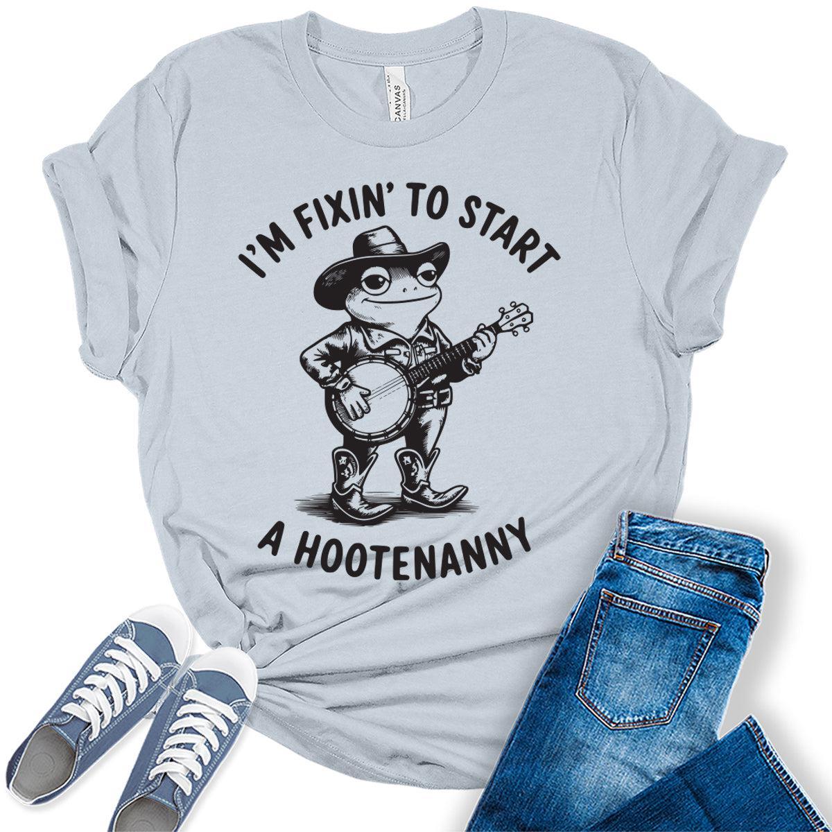 Women's Funny Frog Shirts For Teens Western Hootenanny Graphic Tees Bella Plus Sized Tops