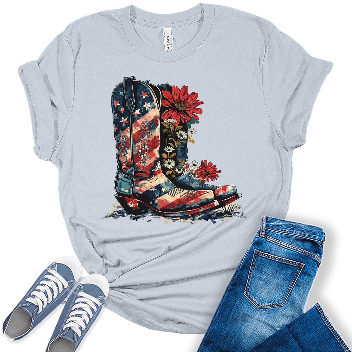 Patriotic Flower Boots American Flag Graphic Tees for Women