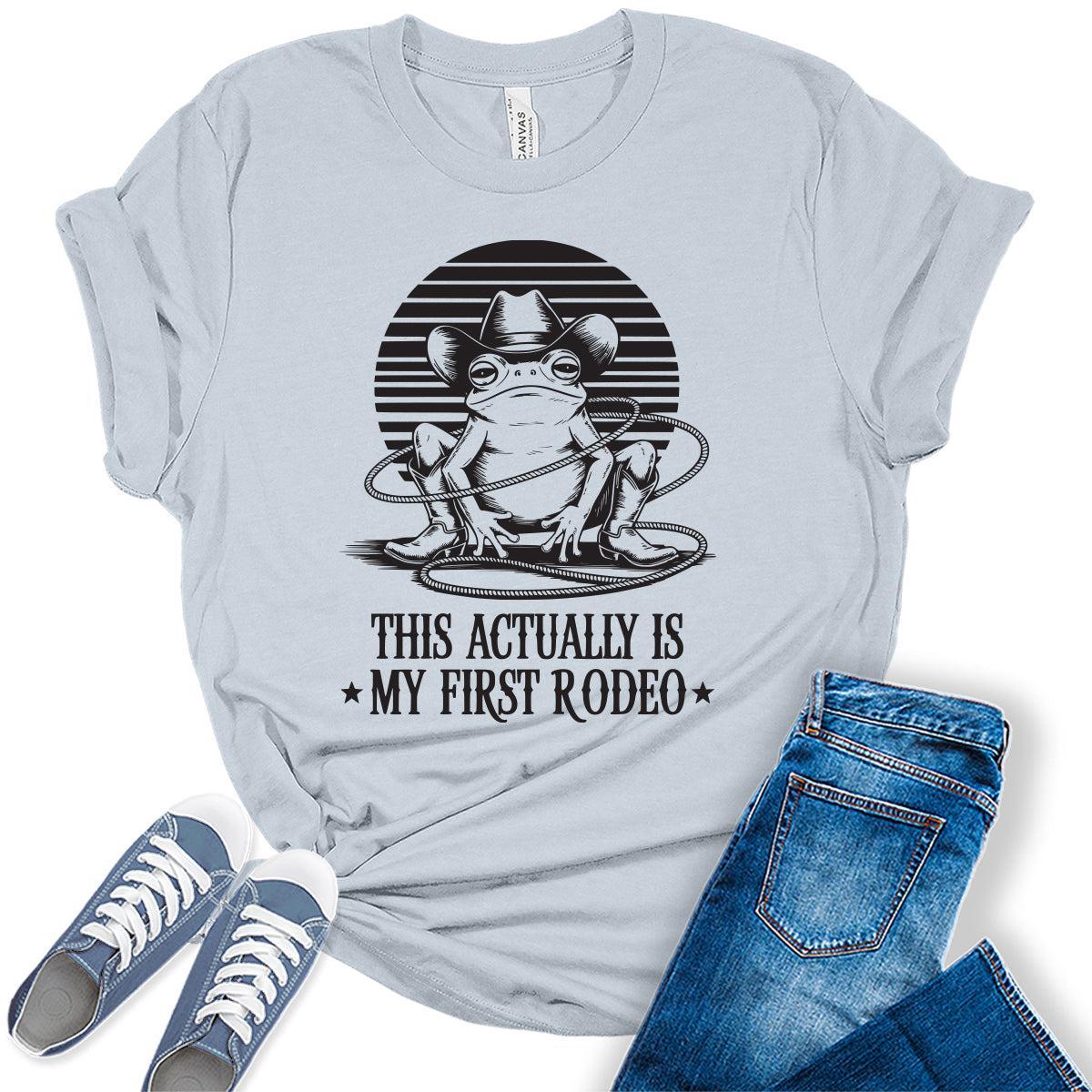 Women's Funny Western Frog Shirts For Teens This Is My First Rodeo Graphic Tees Bella Plus Sized Tops
