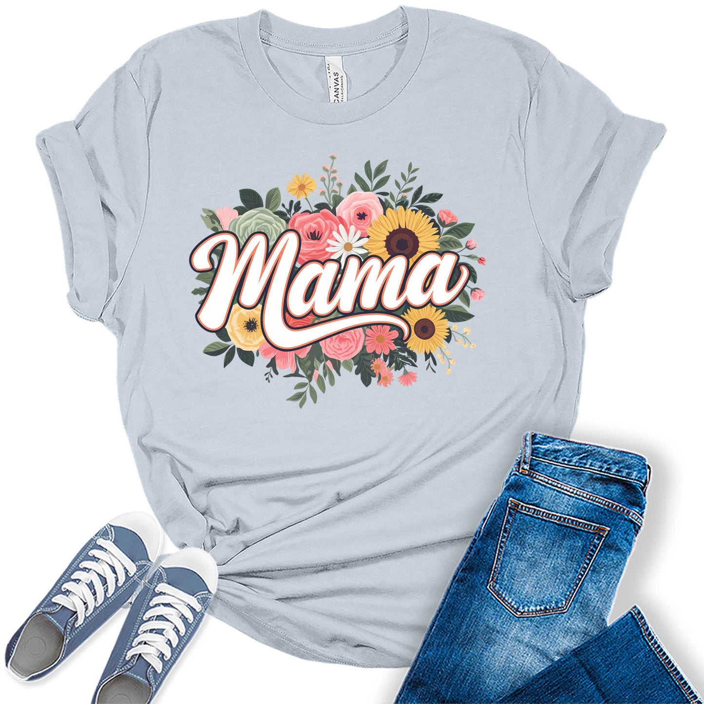 Women's Retro Mama Floral Casual Graphic Tees Bella Plus Sized Tops