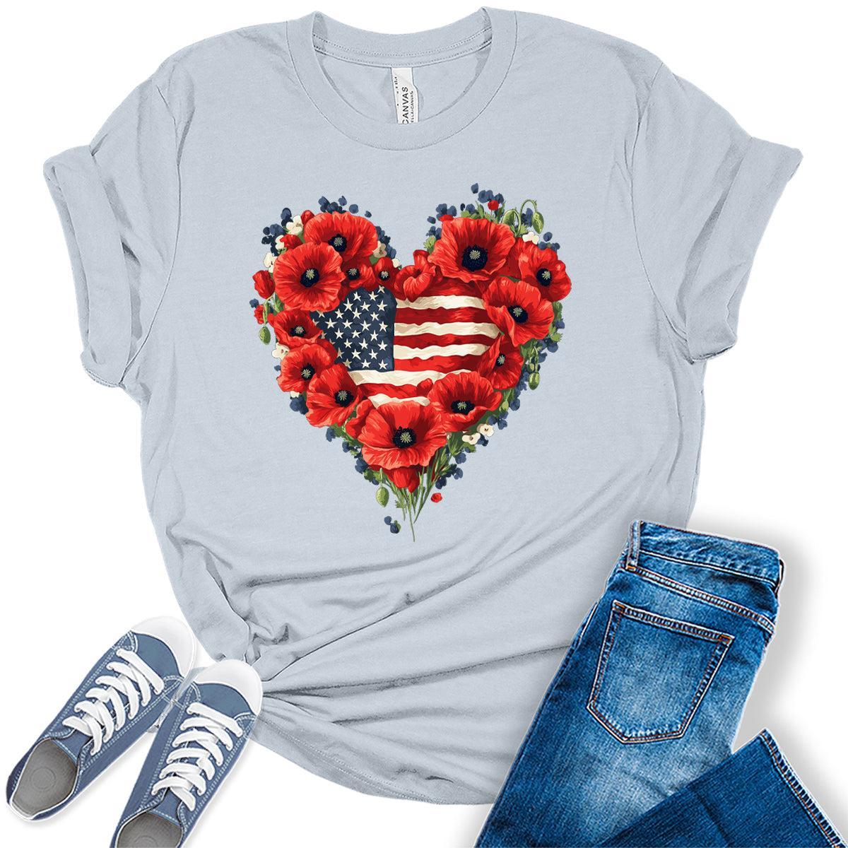 Poppies Heart 4th of July Shirts For Women Patriotic Flag Graphic Tees Floral Heart Bella Plus Sized Tops