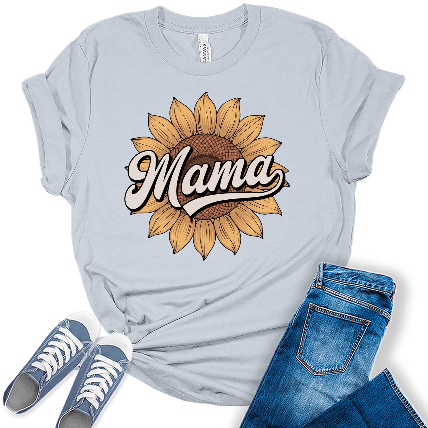 Women's Retro Mama Sunflower Floral Summer Vintage Casual Graphic Tees Bella Plus Sized Tops