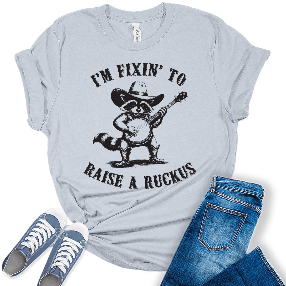 Women's Funny Raccoon Shirts For Teens Western Raise A Ruckus Graphic Tees Bella Plus Sized Tops