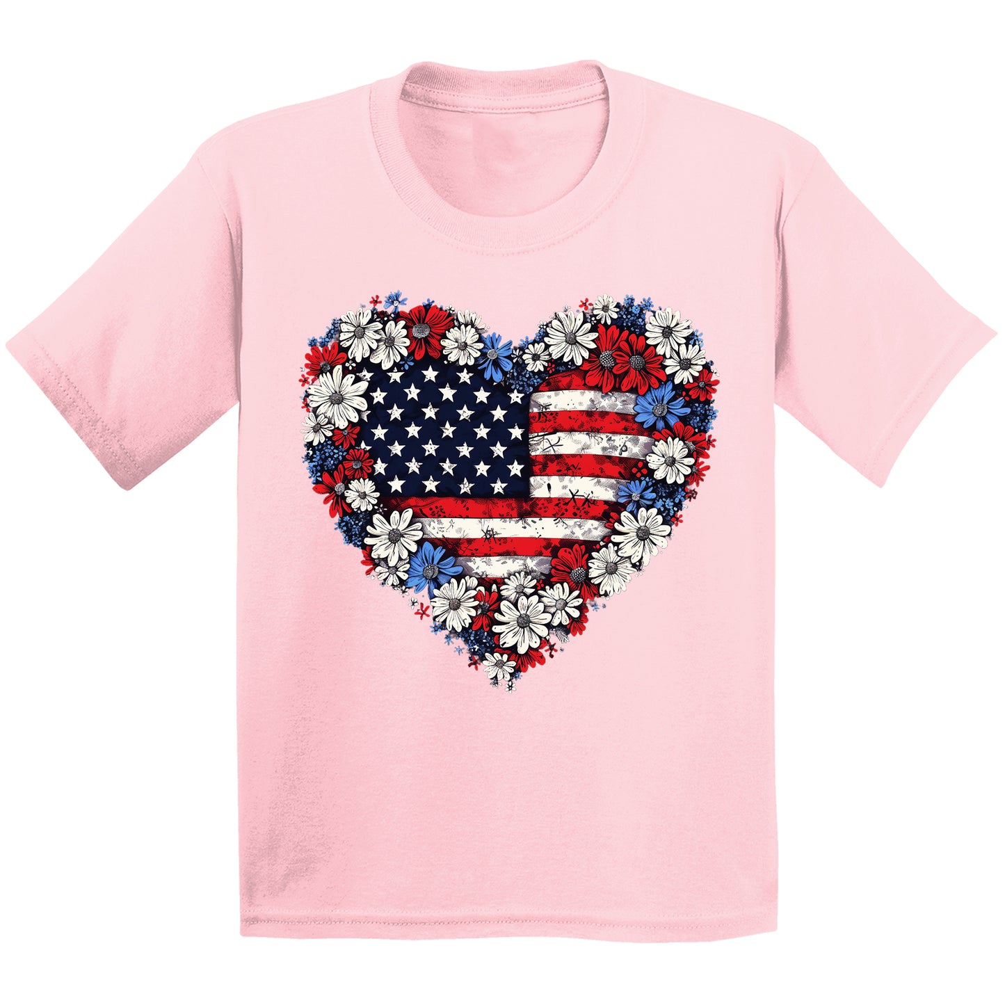 Floral Heart American Flag 4th Of July Graphic Tee for Youth