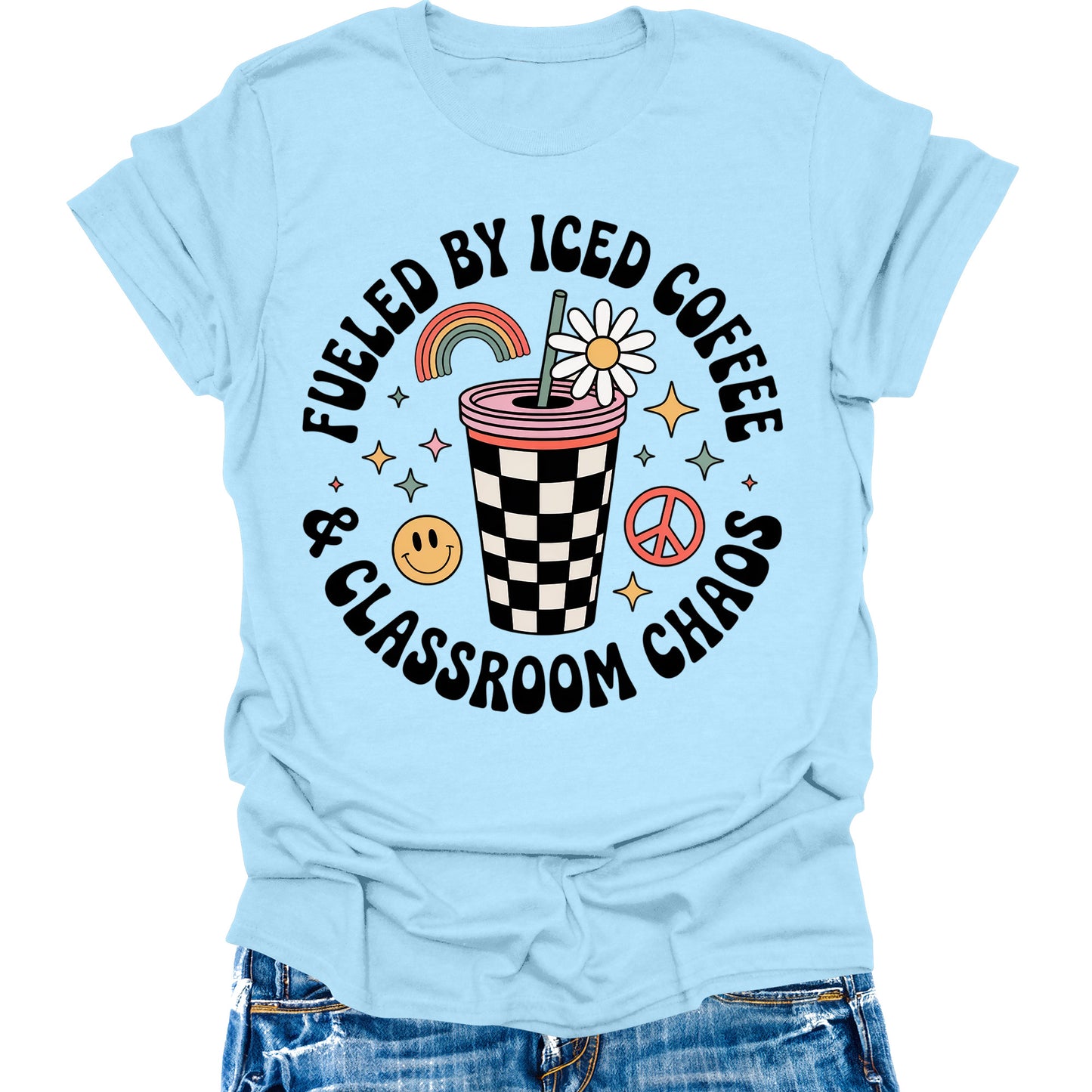 Fueled By Caffeine and Chaos Teacher Shirt Retro Vintage Funny Back to School Graphic Tees Womens Tops