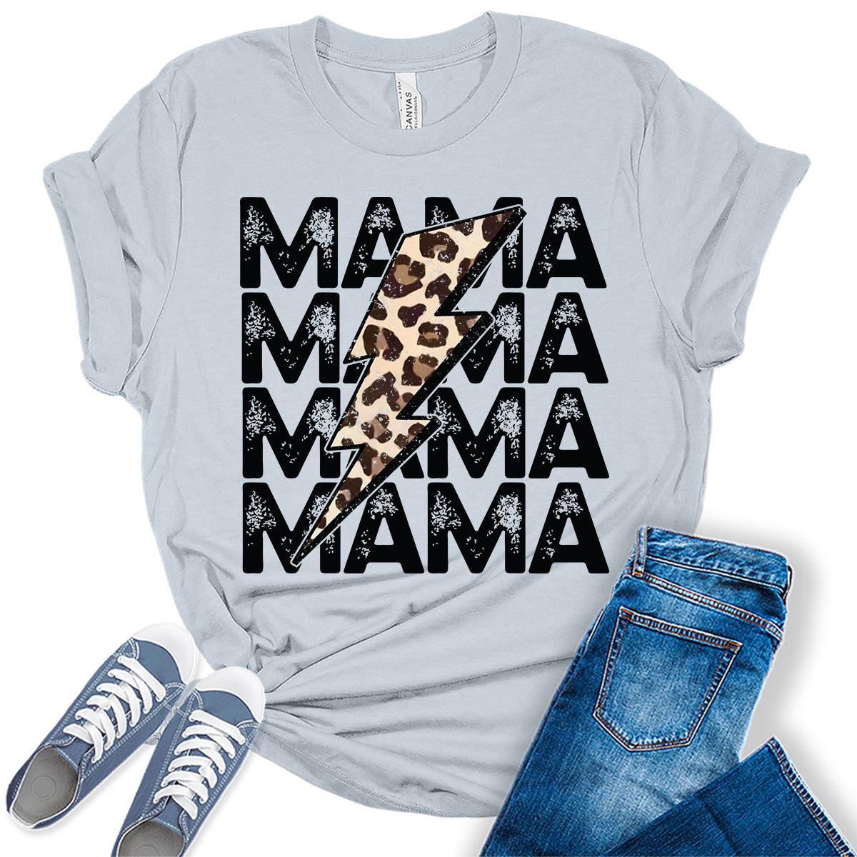 Mama Shirt Cute Thunder Leopard Letter Print Graphic Tees for Women Retro Tops