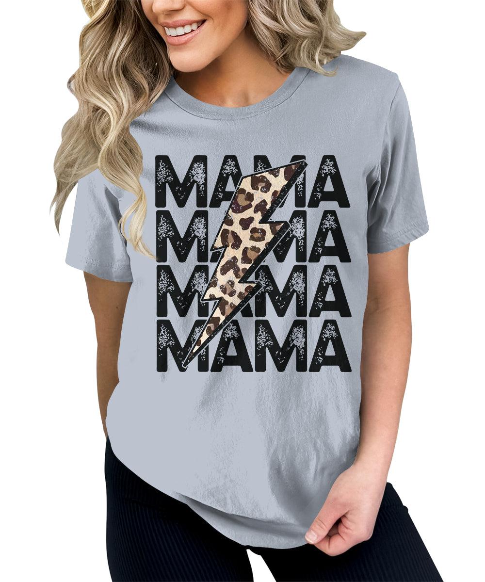Mama Shirt Cute Thunder Leopard Letter Print Graphic Tees for Women Retro Tops