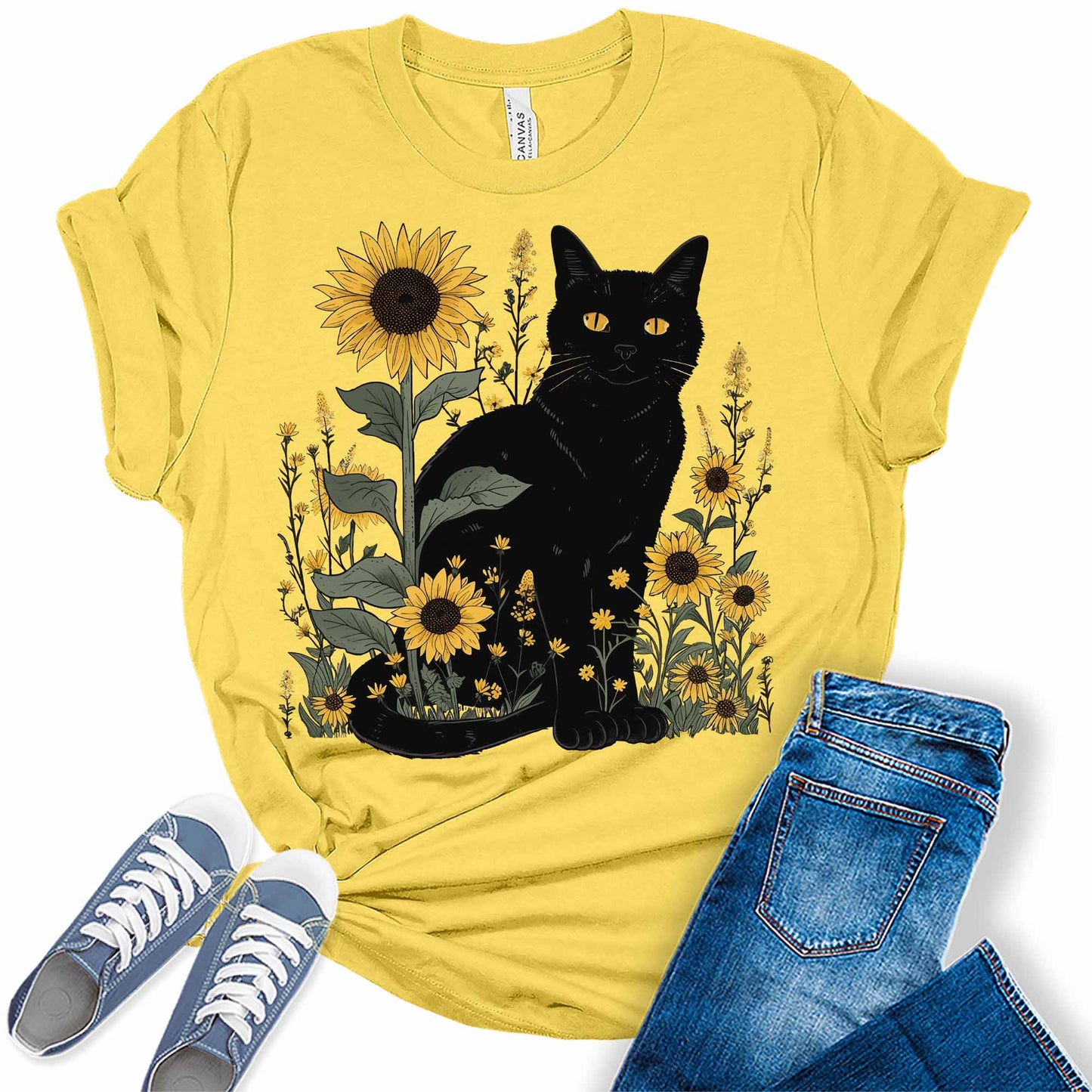 Womens Sunflower Cat Shirt Boho Tops Vintage Trendy Oversized Graphic Tees