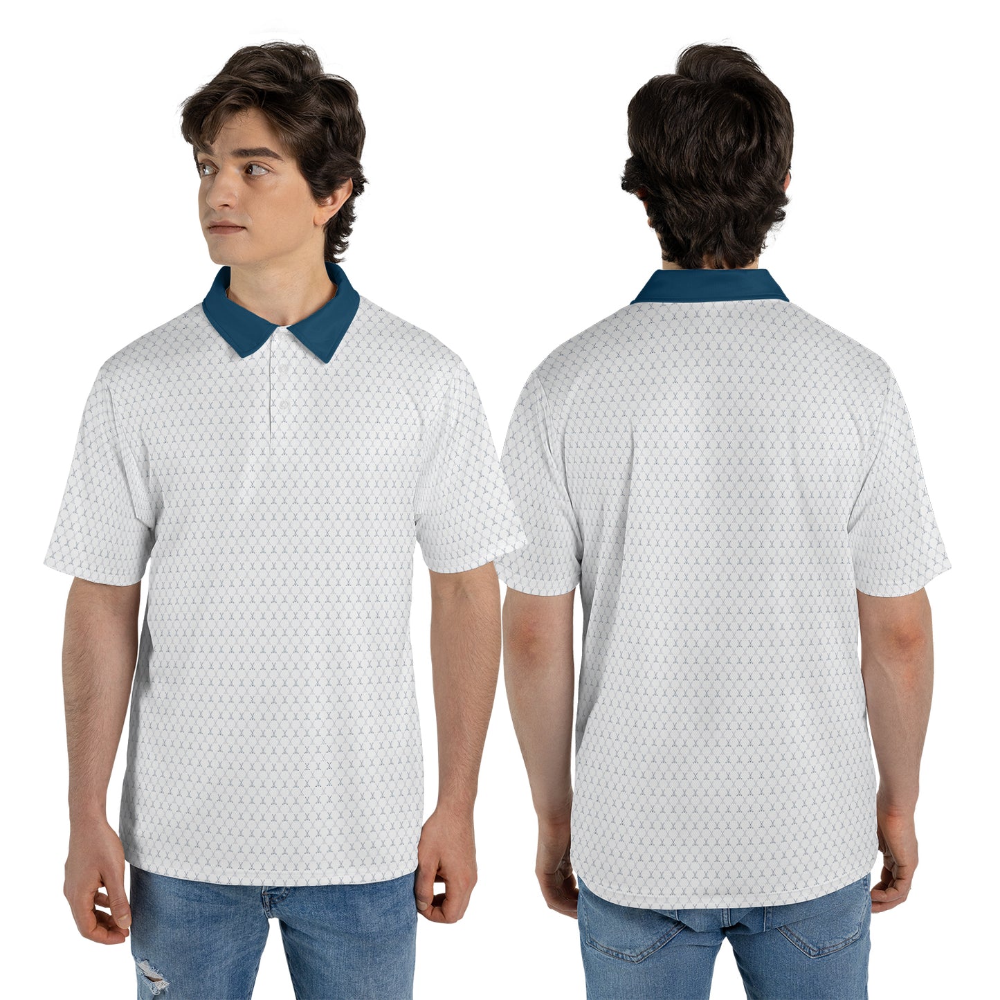 Golfer Polo Shirt for Men White Blue Moisture Wicking Short Sleeve Vacation Golf Top
