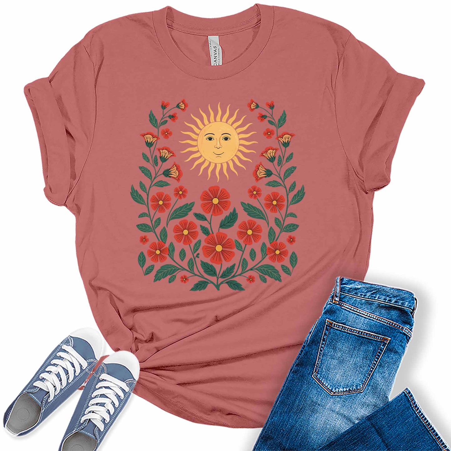 Womens Boho Flowers Wildflowers Sunshine Tee Cute Summer Graphic Shirts Short Sleeve T Shirt