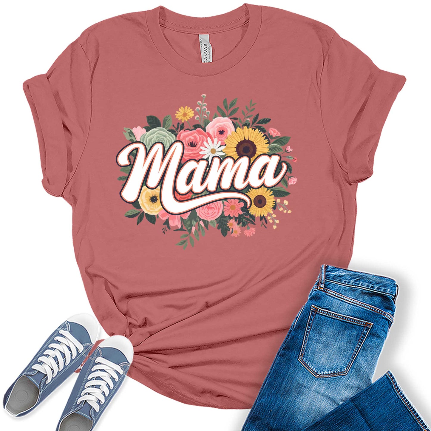 Women's Retro Mama Floral Casual Graphic Tees Bella Plus Sized Tops