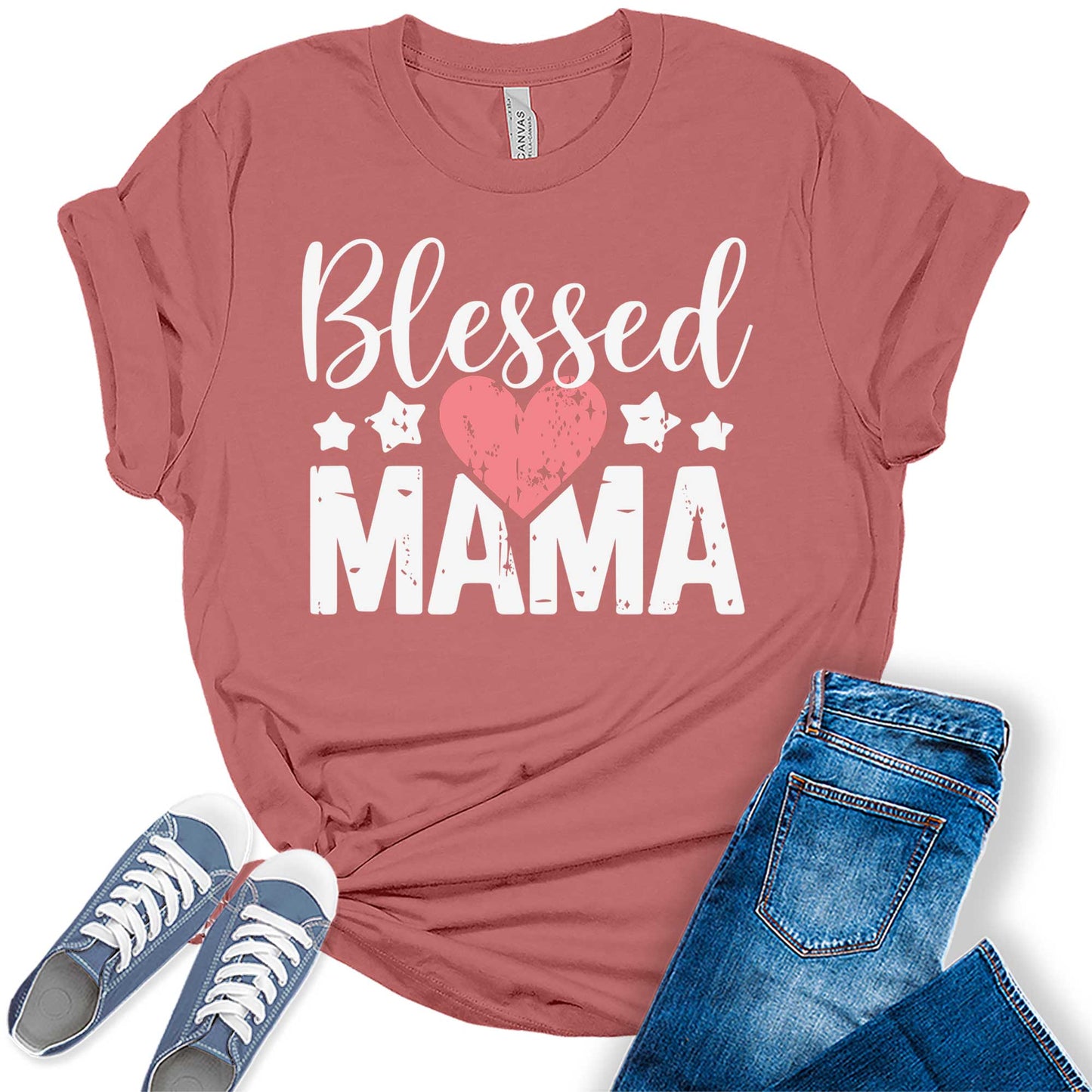 Women's Mama Shirt Blessed Mom Women Mother's Day T-Shirt Heart Casual Graphic Tees Bella Plus Sized Tops