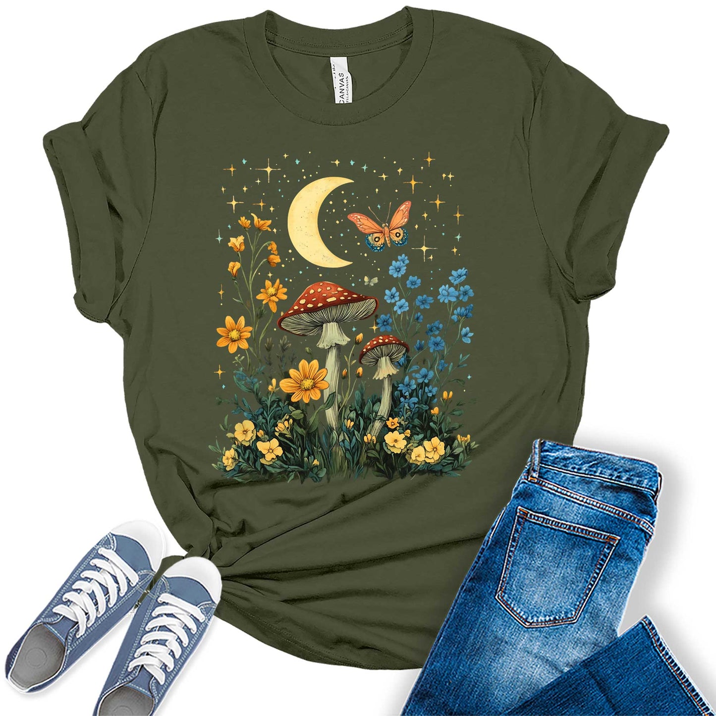 Womens Floral Shirts Wildflower Mushroom Graphic Tees Spring Butterfly Short Sleeve Cottagecore T Shirts Bella Summer Tops