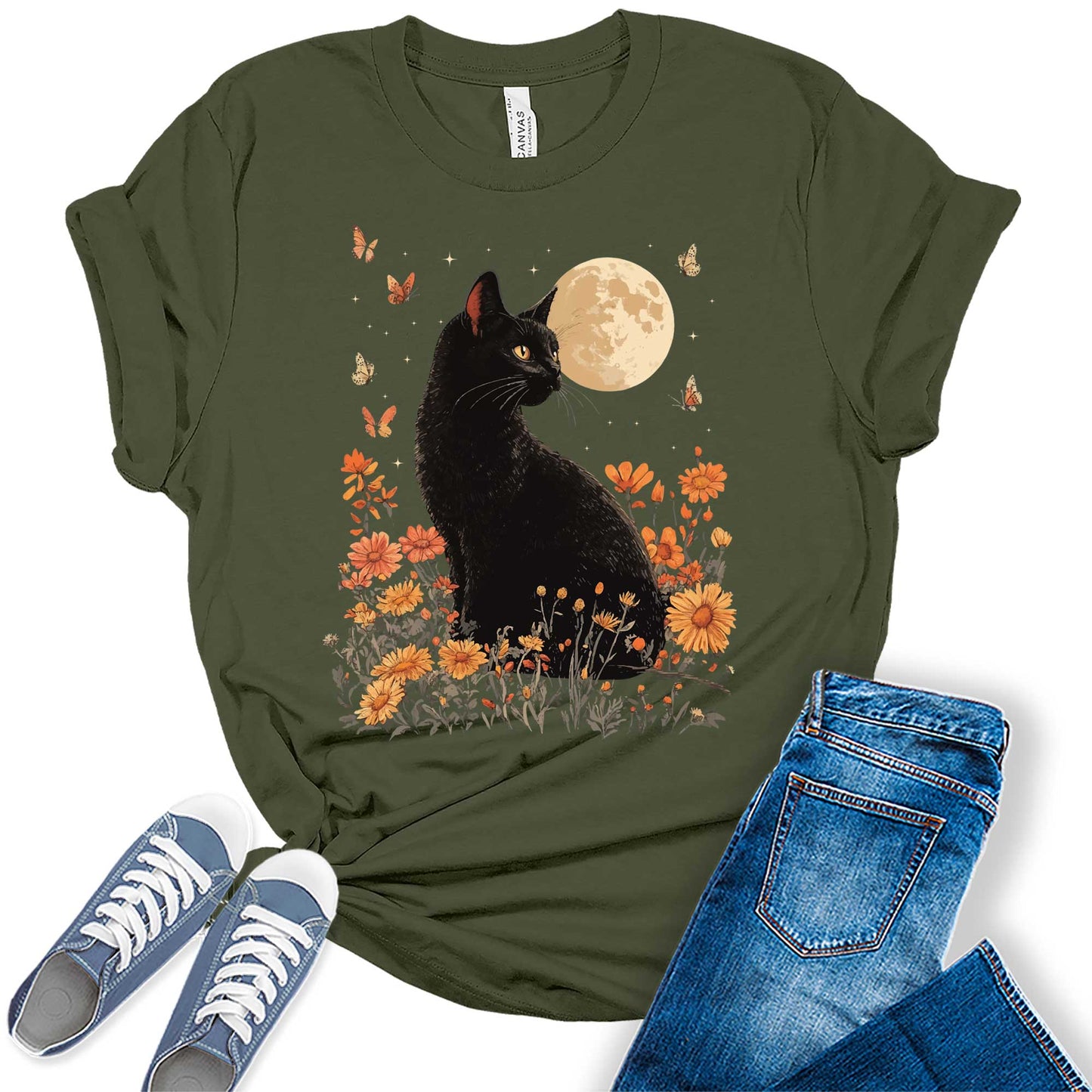 Cottagecore Shirt Vintage Black Cat Tshirts Floral Moon Fall Graphic Tees for Women