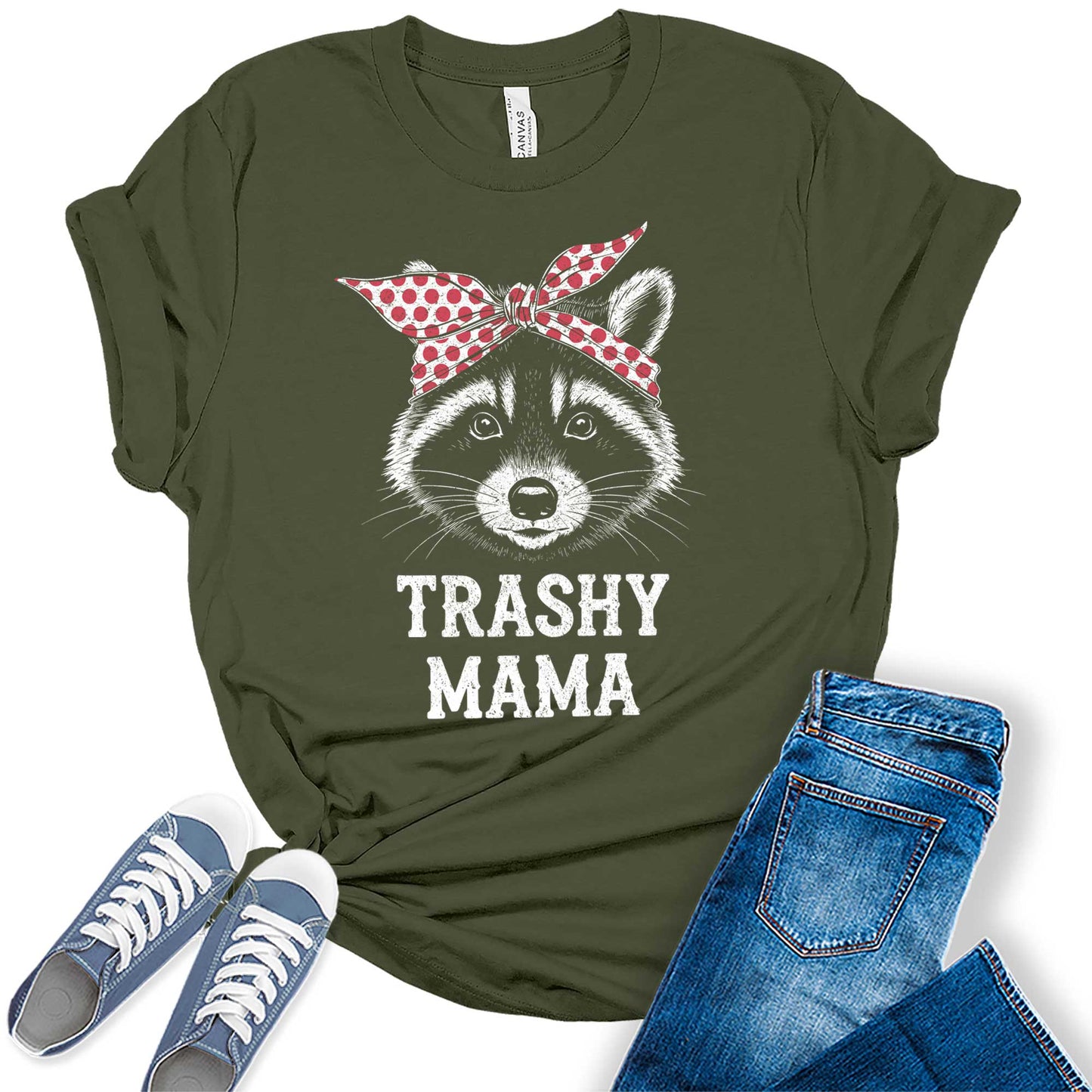 Womens Mama Shirt Trashy Raccoon Mom Vintage Summer Casual Graphic Tees Bella Plus Sized Tops