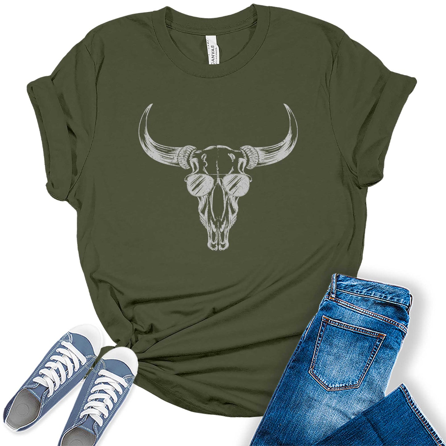 Western Outfit T Shirts Summer Country Rodeo Bull Skull With Sunglasses Graphic Tees Bella Plus Size Tops For Women