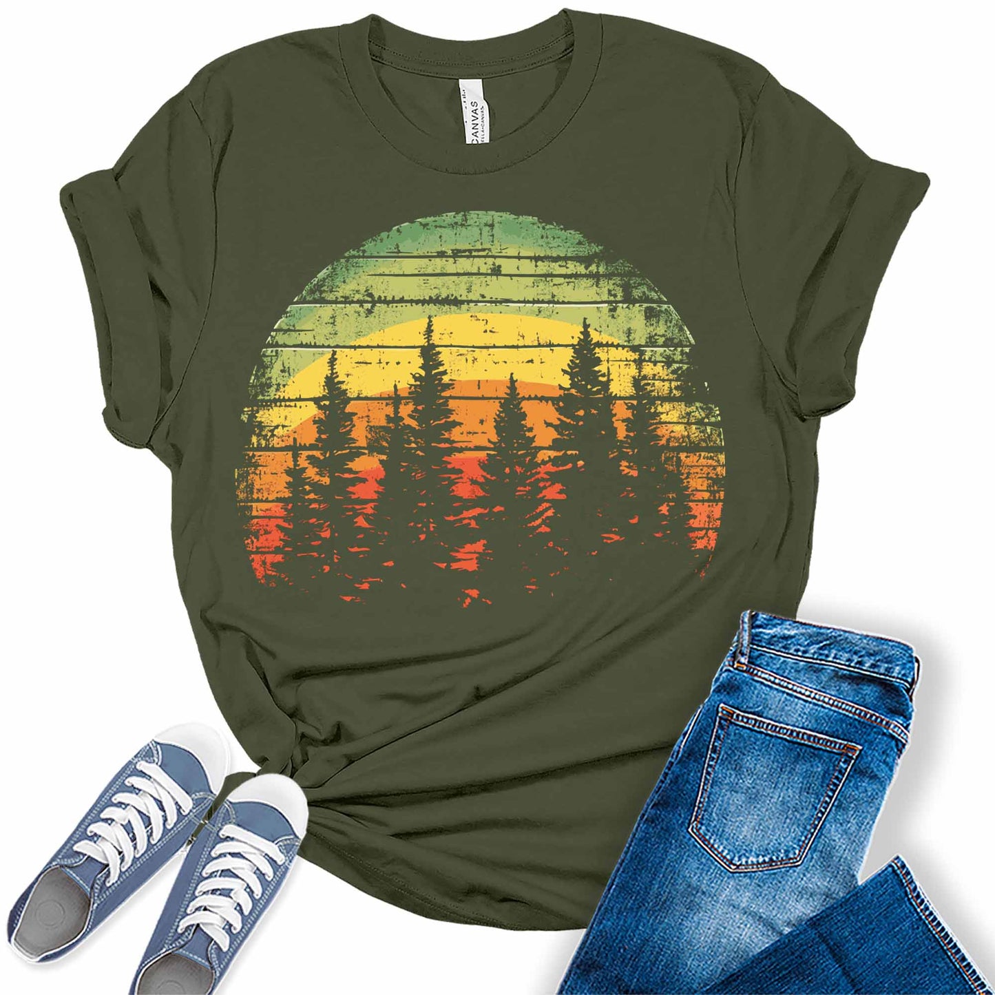 Trendy Hiking Pine Trees Sunset Womens Graphic Tees
