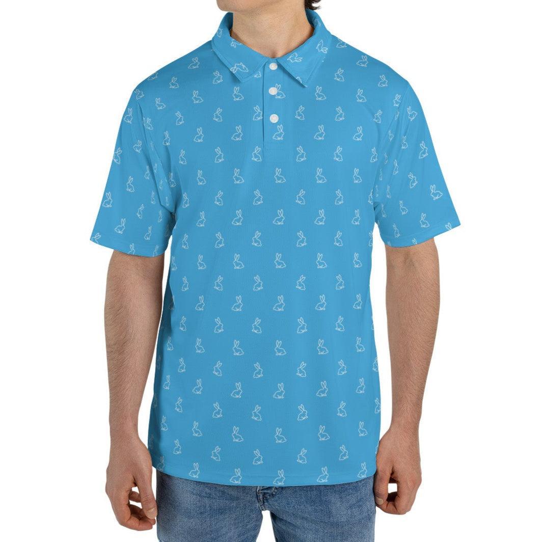 Blue Easter Bunny Polo Golf Shirt for Men Festive Rabbit Print Moisture Wicking Short Sleeve Top