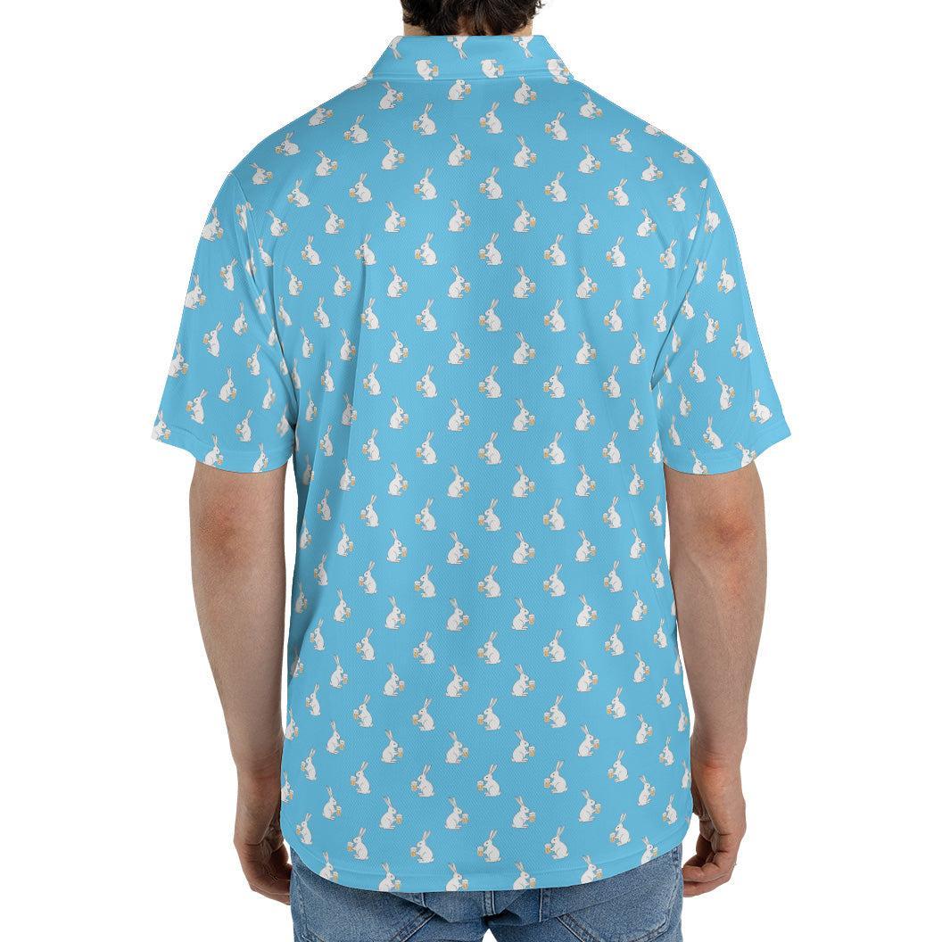 Beer Bunny Blue Easter Polo Golf Shirt for Men Funny White Rabbit Moisture Wicking Short Sleeve Golf Top