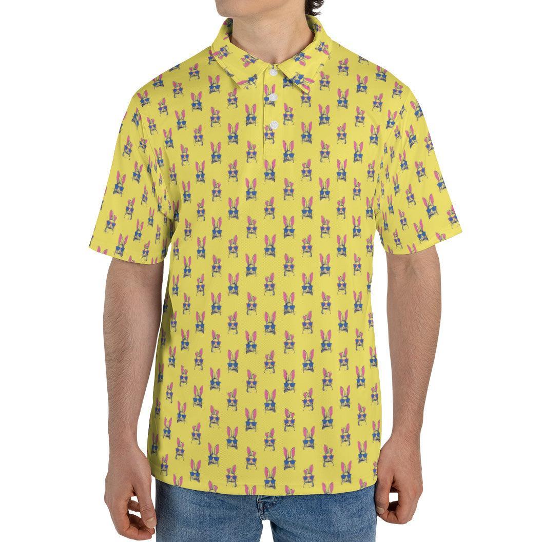 Yellow Easter Polo Golf Shirt for Men Funny Bunny Ears Short Sleeve Moisture Wicking Top