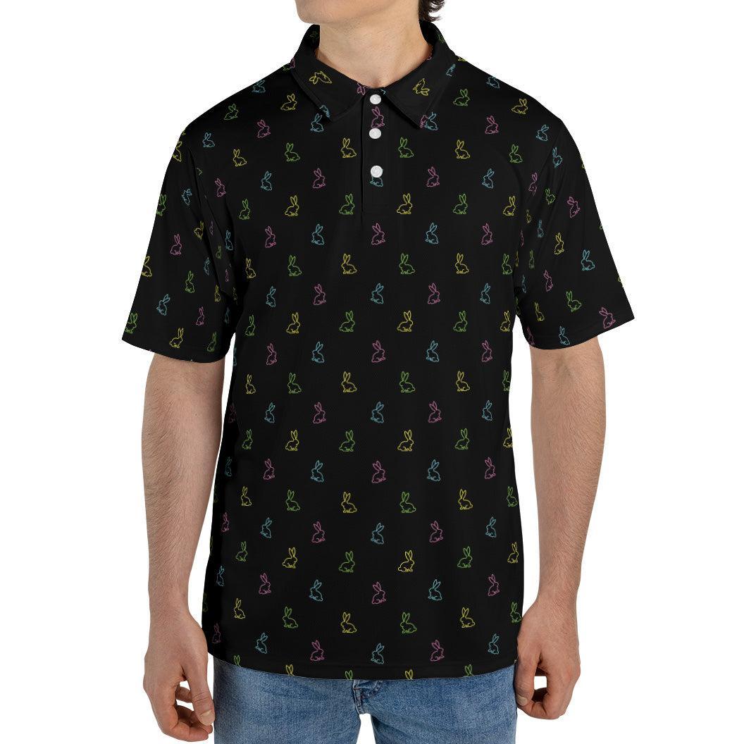 Easter Bunny Polo Golf Shirt for Men Retro Neon Rabbit Print Moisture Wicking Short Sleeve Top