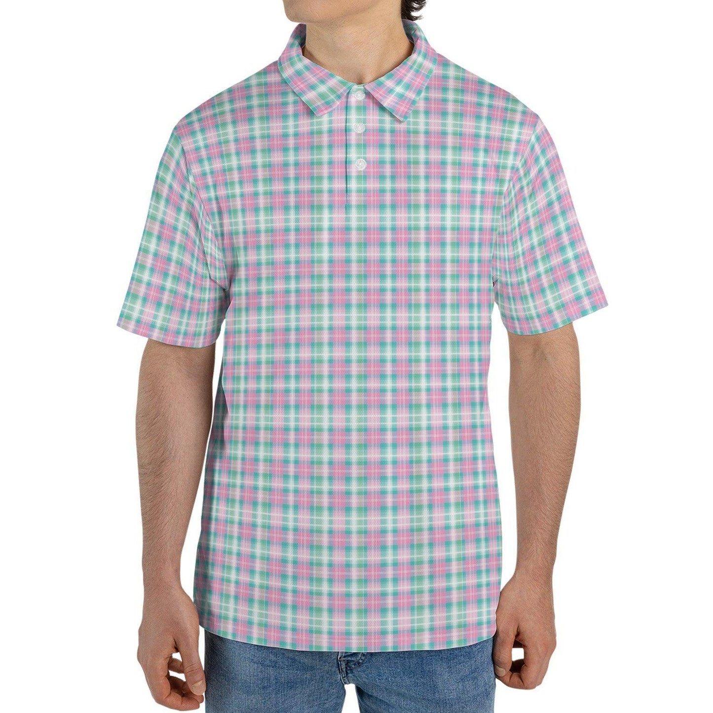 Easter Polo Golf Shirt for Men Pastel Plaid Spring Checkered Moisture Wicking Short Sleeve Top