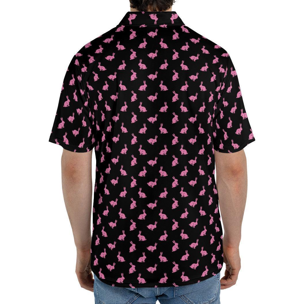 Black Easter Bunny Polo Shirt for Men Cool Pink Rabbit Print Moisture Wicking Short Sleeve Golf Top