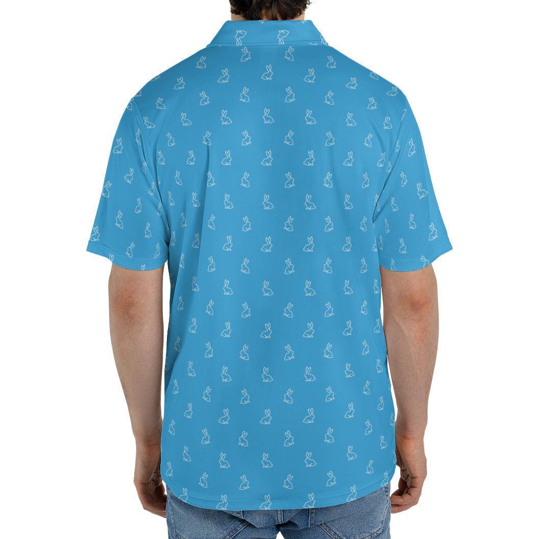 Blue Easter Bunny Polo Golf Shirt for Men Festive Rabbit Print Moisture Wicking Short Sleeve Top