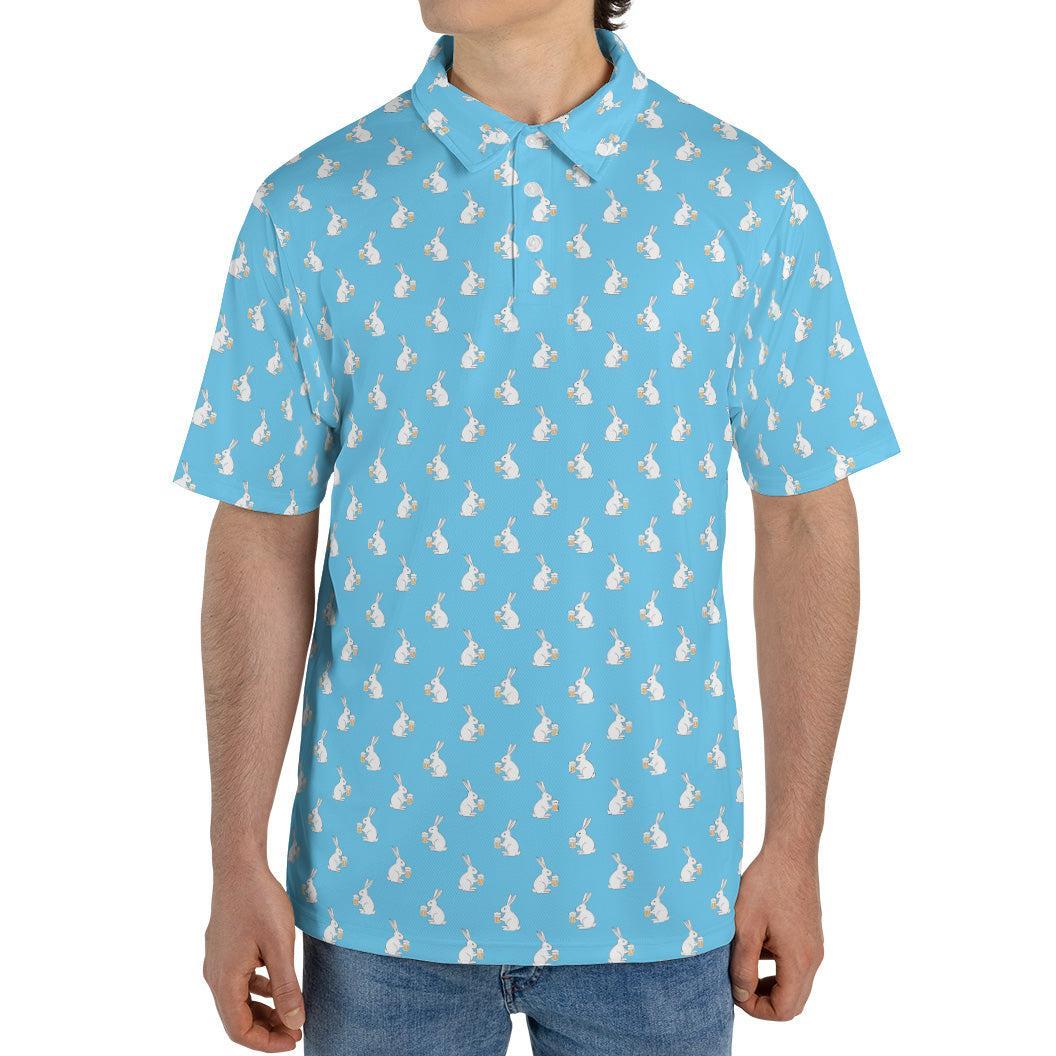 Beer Bunny Blue Easter Polo Golf Shirt for Men Funny White Rabbit Moisture Wicking Short Sleeve Golf Top