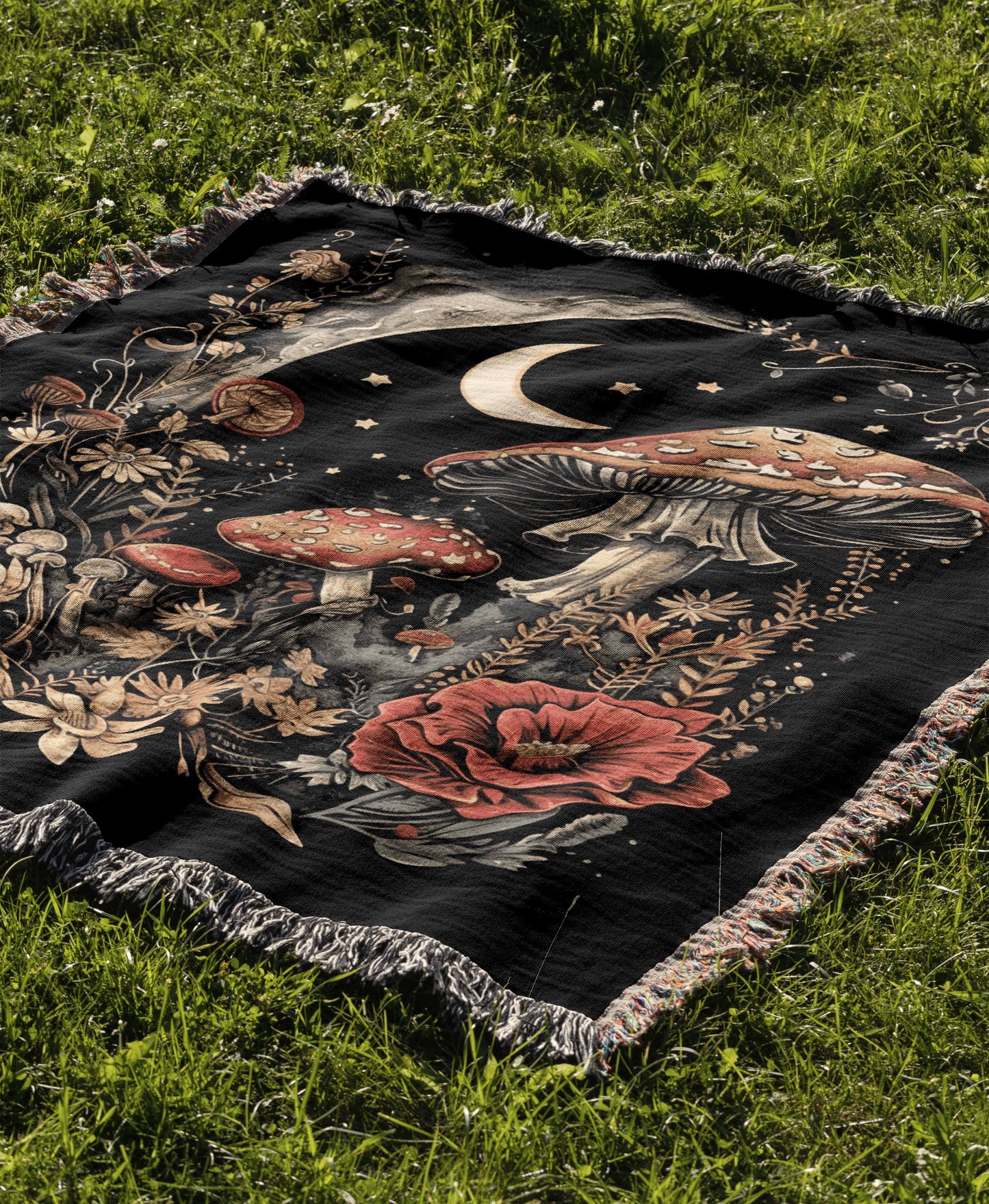 Fall Cottagecore Mushroom Moon 50" x 60" Gift Woven Jacquard Blanket
