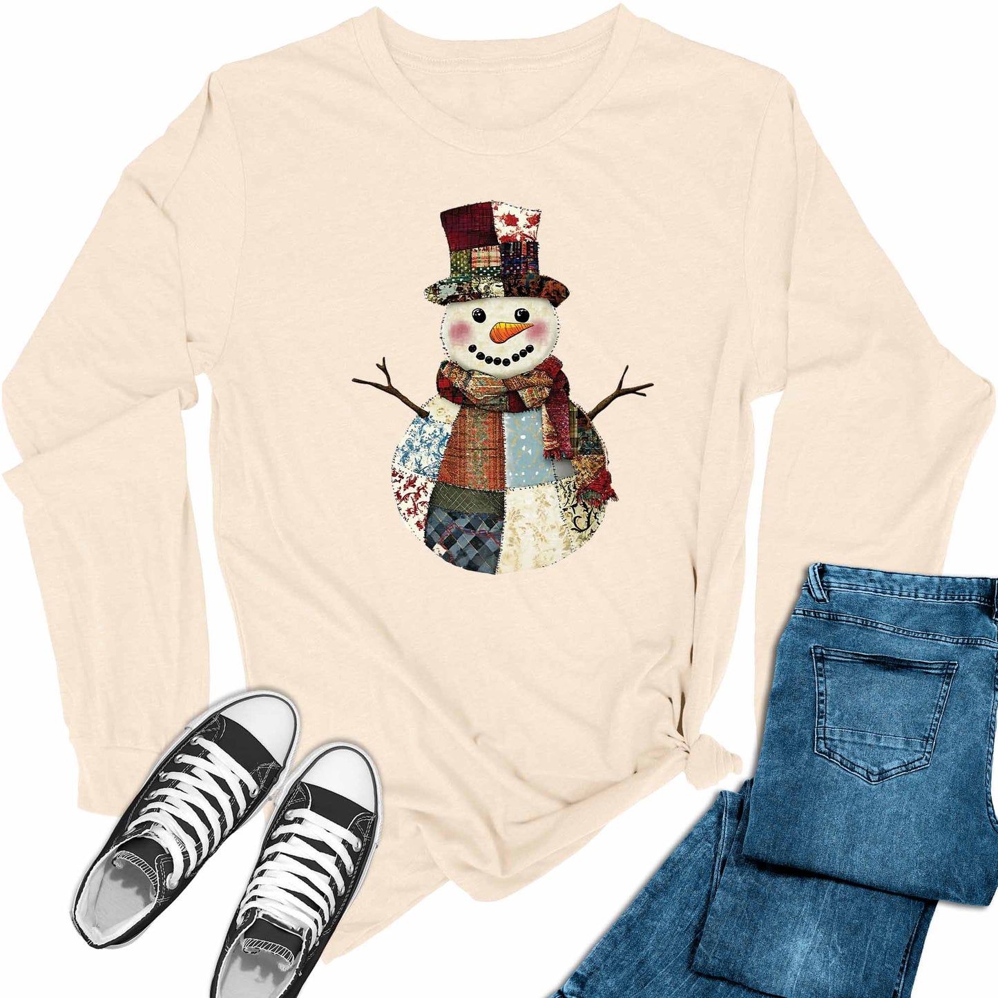 Women's Patch Snowman Christmas Holiday Long Sleeve Graphic Tees