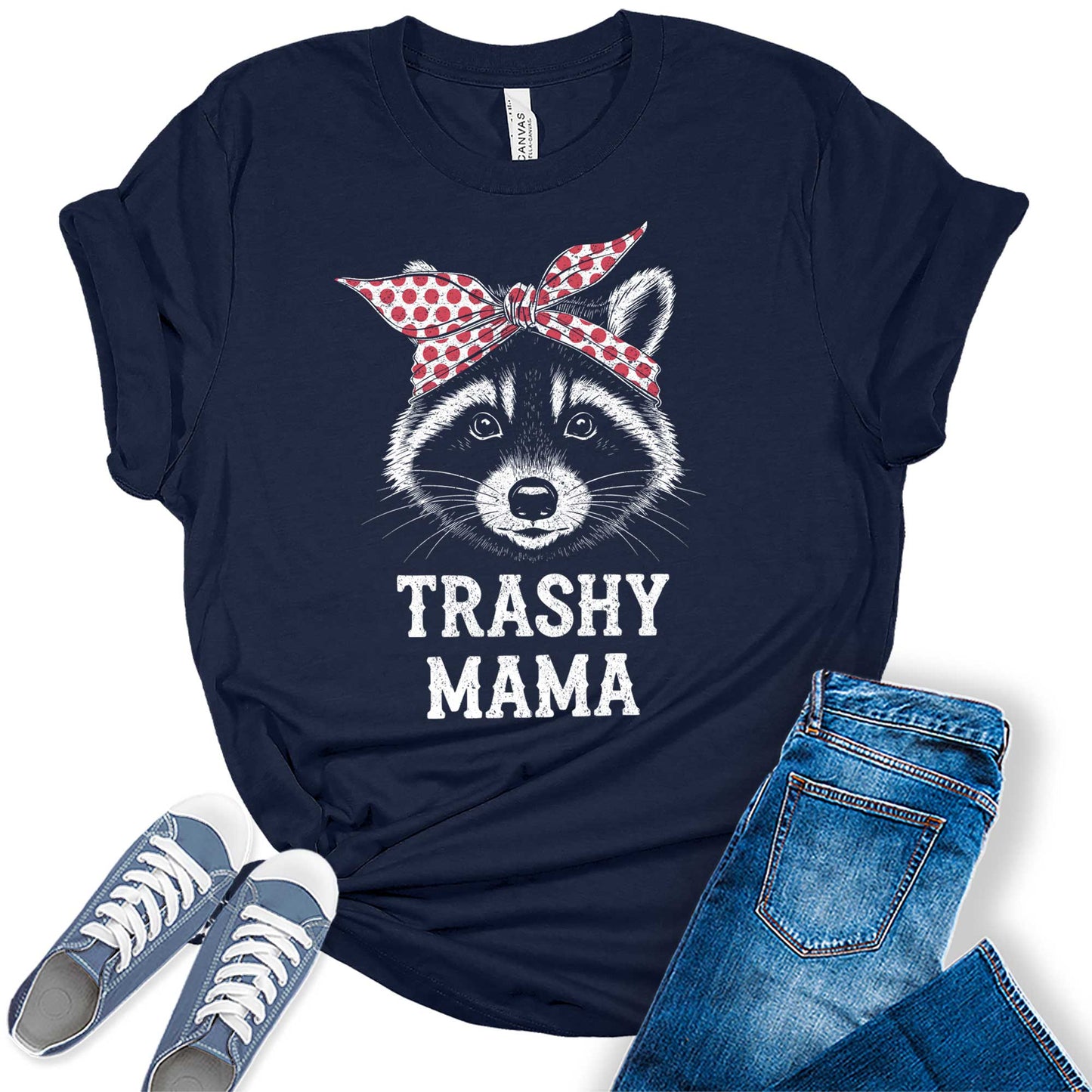 Womens Mama Shirt Trashy Raccoon Mom Vintage Summer Casual Graphic Tees Bella Plus Sized Tops