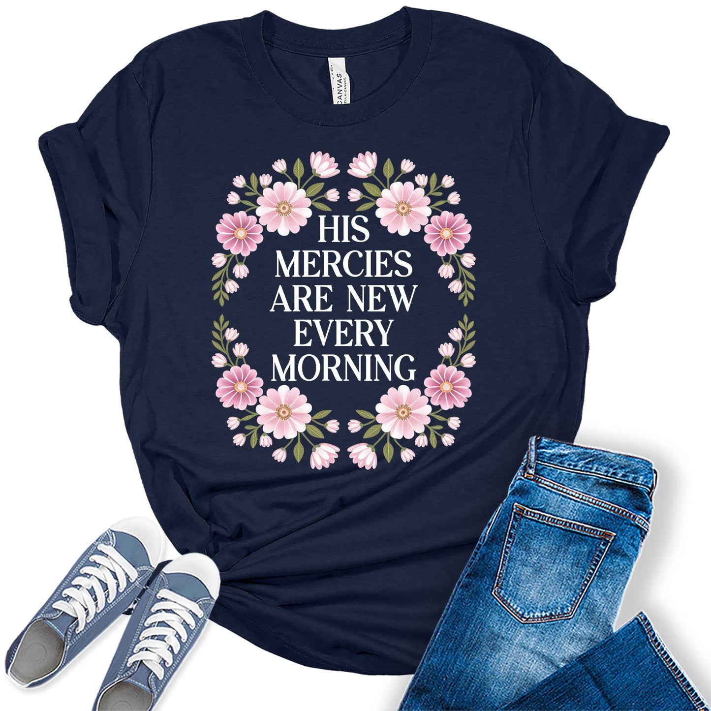 Women's His Mercies Are New Cute Trendy Faith Shirts Christian Casual Graphic Tees Bella Plus Sized Tops