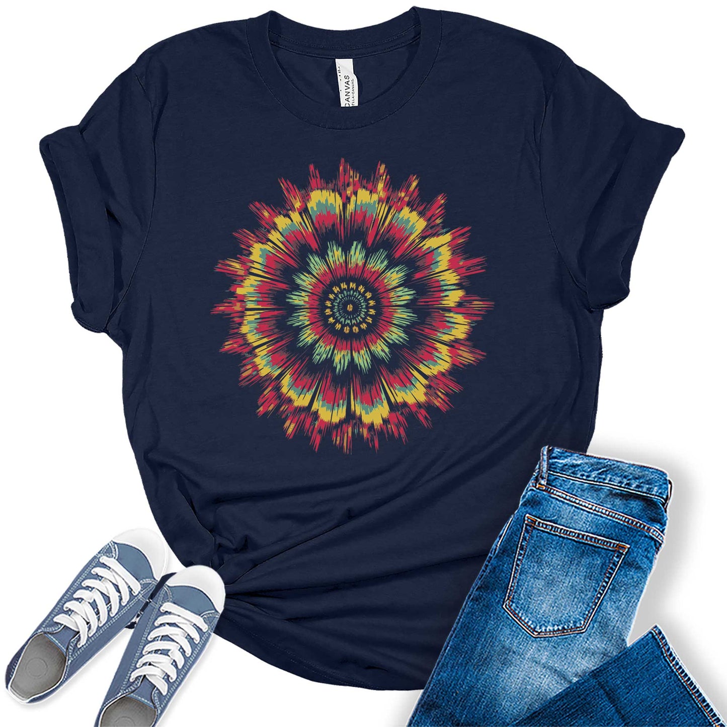 Womens Mandala Sunflower Glitch Shirt Casual Vintage Graphic Tees for Women Short Sleeve Plus Size Summer Tops