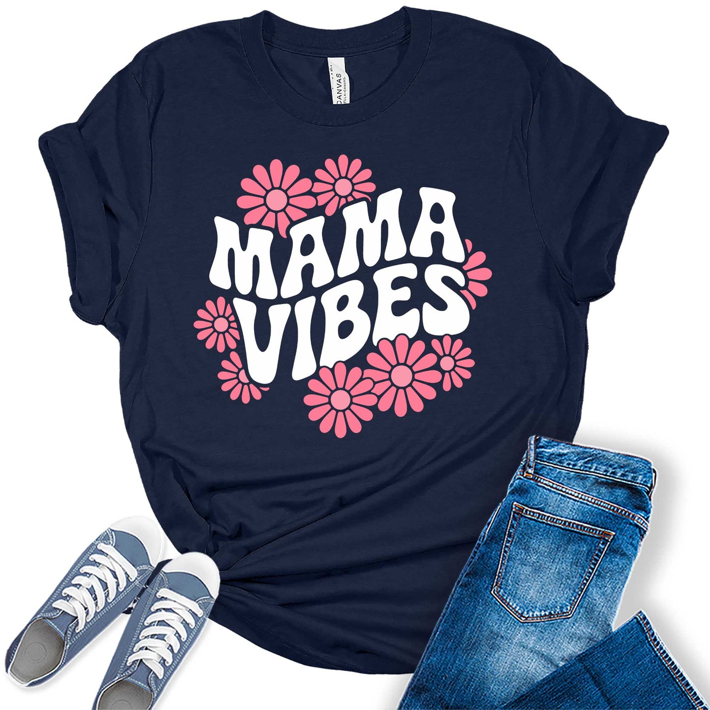 Women's Groovy Retro Mama Floral Daisies Casual Graphic Tees Bella Plus Sized Tops