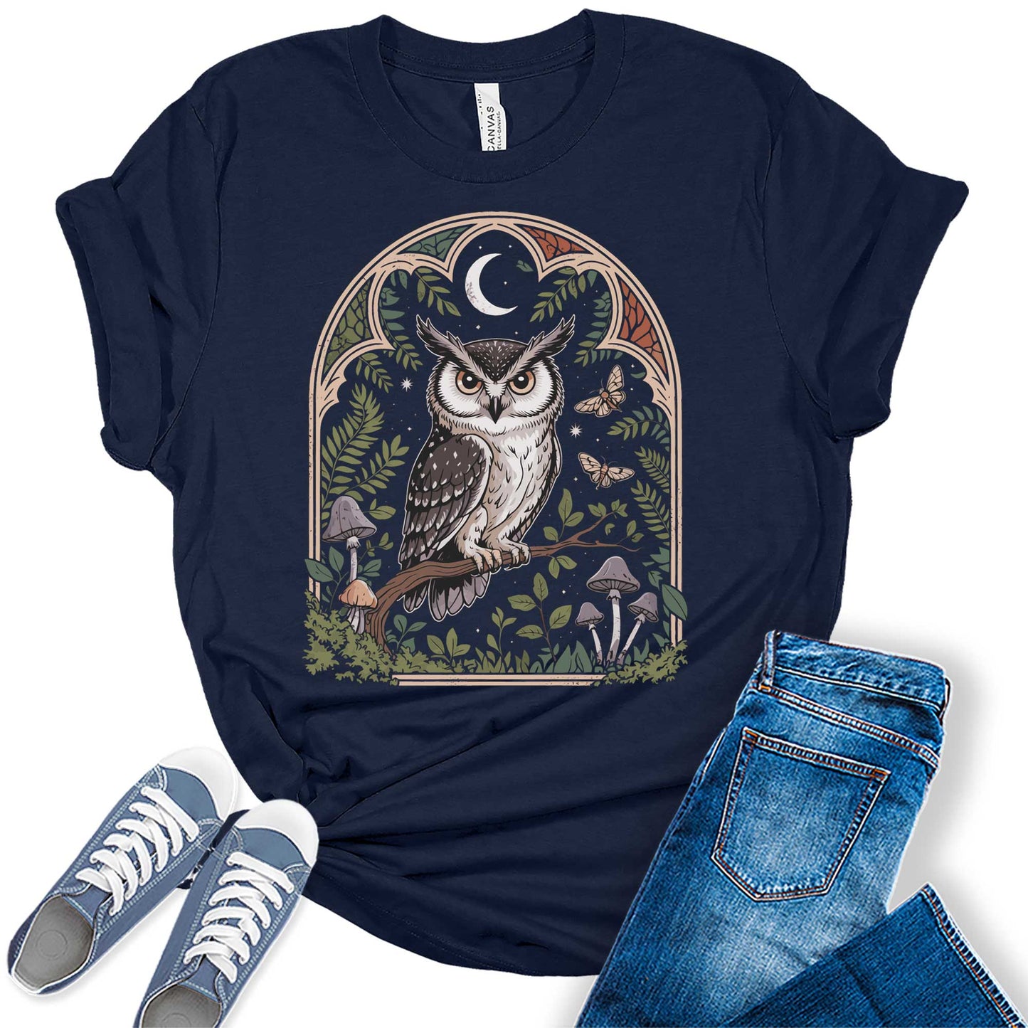 Womens Owl Mushroom Moon Graphic Tees Spring Moth Cottagecore T Shirts Bella Summer Tops