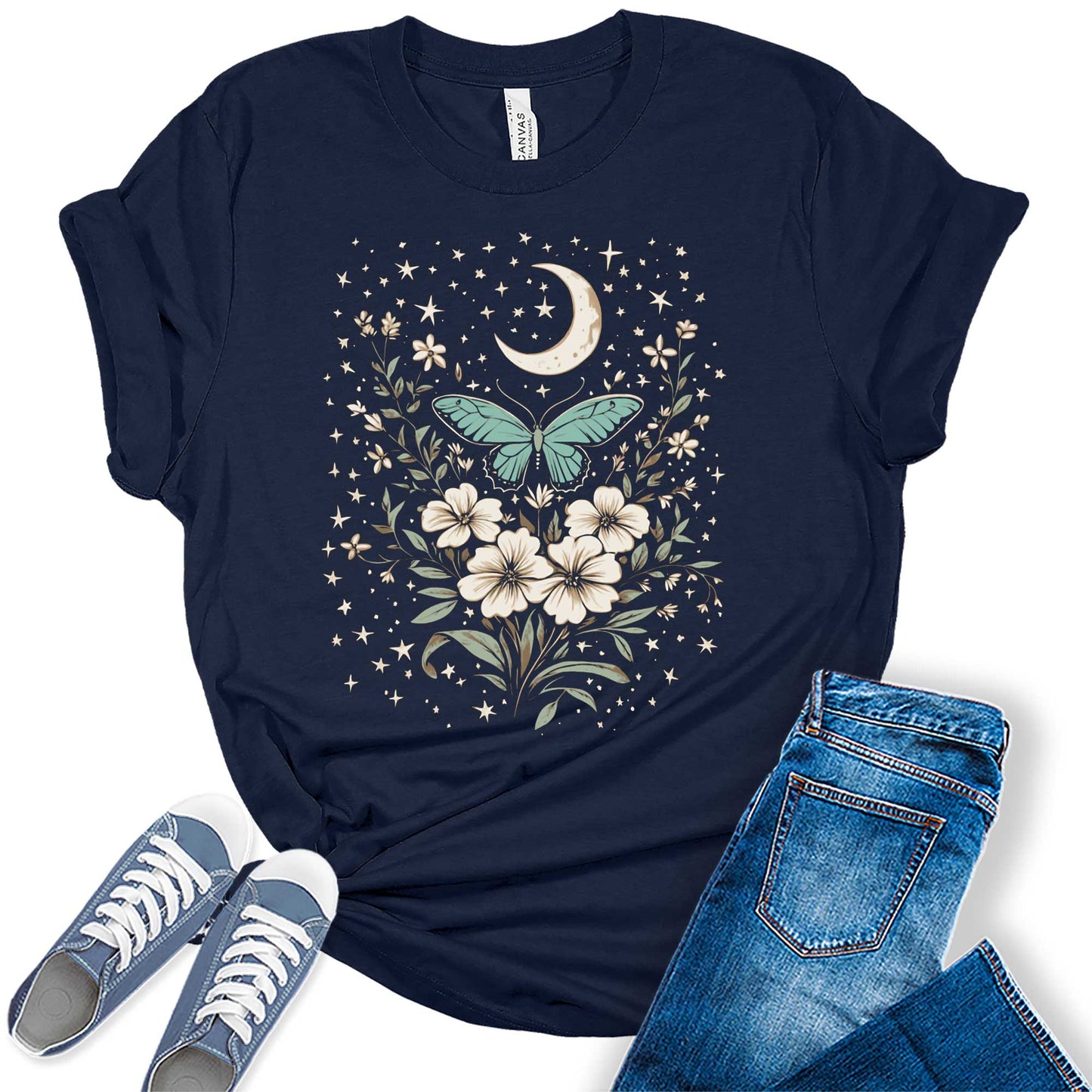 Womens Floral Shirts Flower Vintage Moth Moon Stars Graphic Tees Spring Cottagecore T Shirts Bella Summer Tops